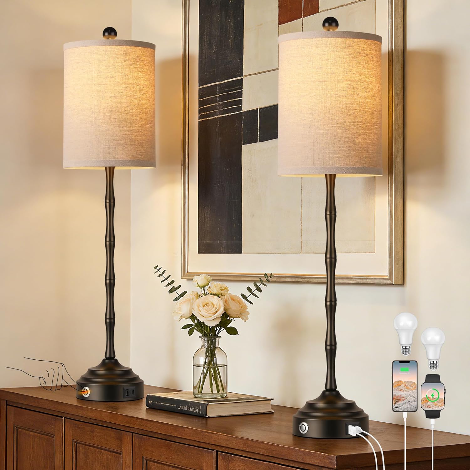 Qimh Buffet Lamps for Night Stands, 30.5" Tall Skinny Beside Lamps Set of 2 with Linen Shade and Stable Base, 2 LED Bulbs Morden Table Lamps for Living Room, Bedroom, Dinning Rooms, Entry, Home(Black)