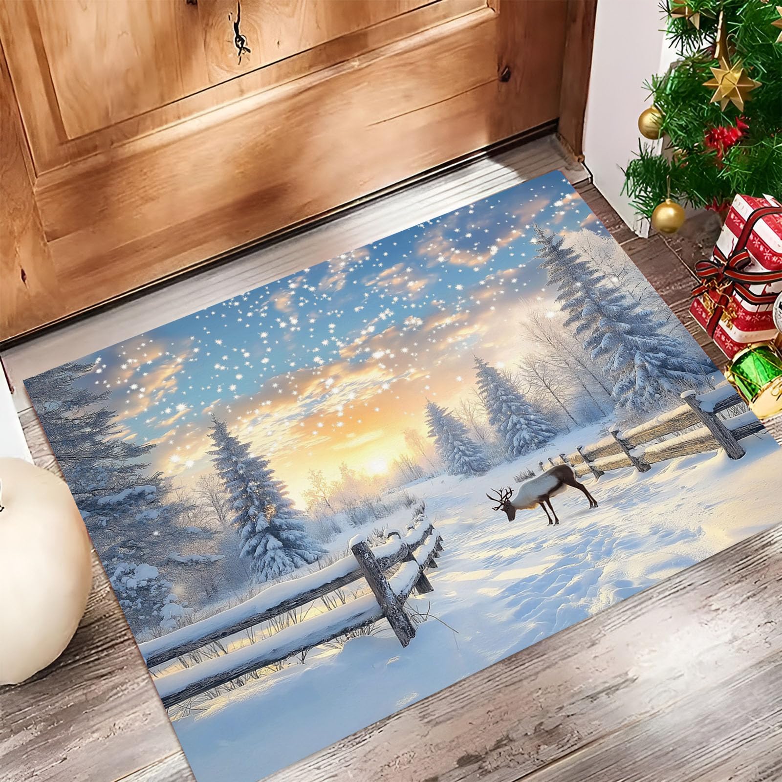 Felpudo De Navidad, Alfombra Copos De Nieve Al Atardecer para Entrada Casa 90X150Cm, Alfombra De Puerta De Entrada, Felpudos Lavables Patrón De Bosque De Renos Azul Cielo, Decorativo Casa