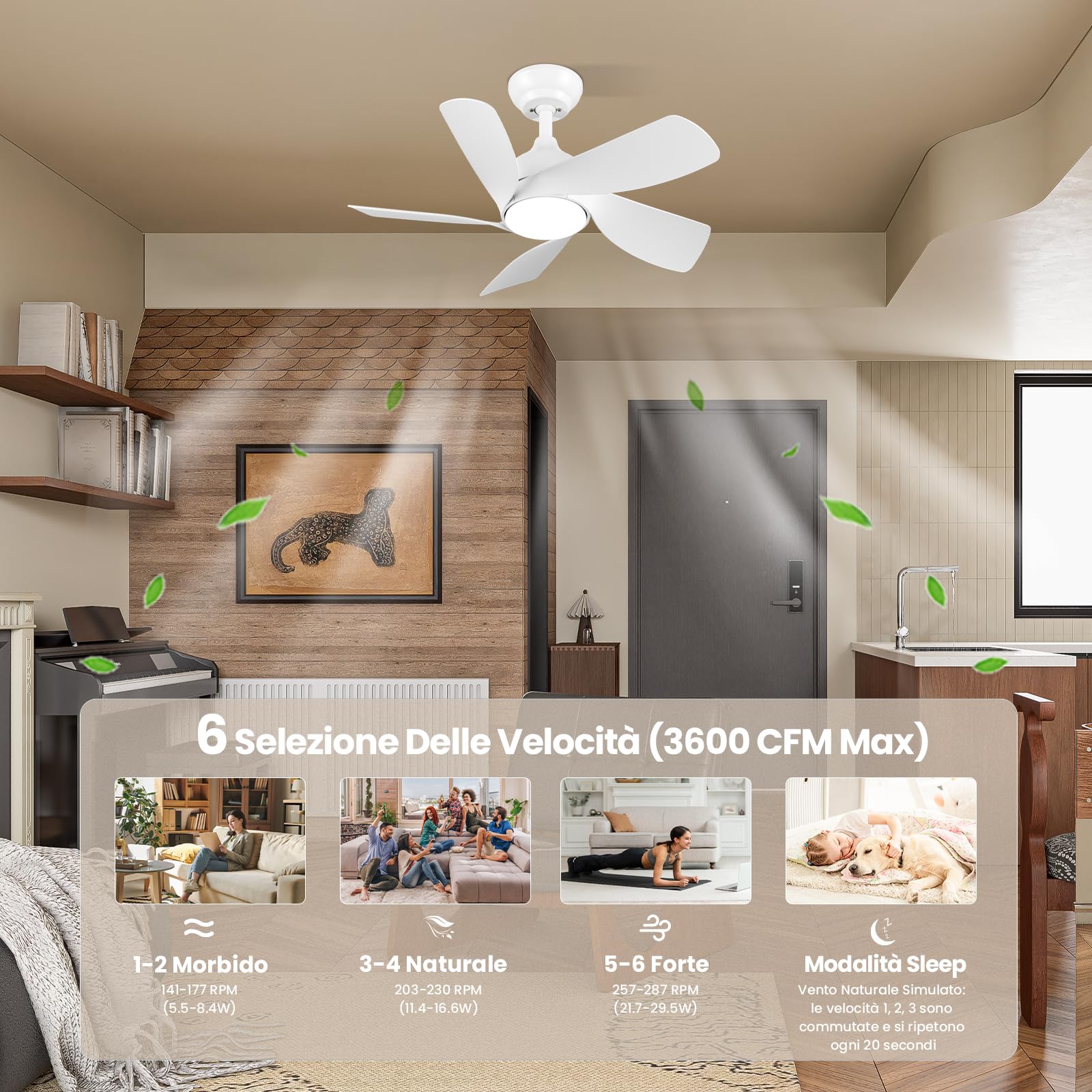 CJOY Ventilatore da Soffitto Bianco 76cm Con Luce e Telecomando, Lampadario 5 Pale, 3 Colori Dimmerabile, 6 Velocità, CC Reversibile