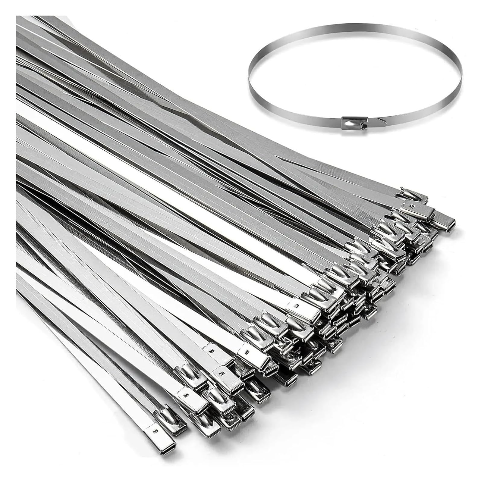 Udpoiuyt 4.6X300mm Locking Exhaust Wrap, Stainless Steel Cable Ties Silver 4.6X150/200/300Mm 20/40/80/120/200 Pcs Self-Locking(,20Pcs)