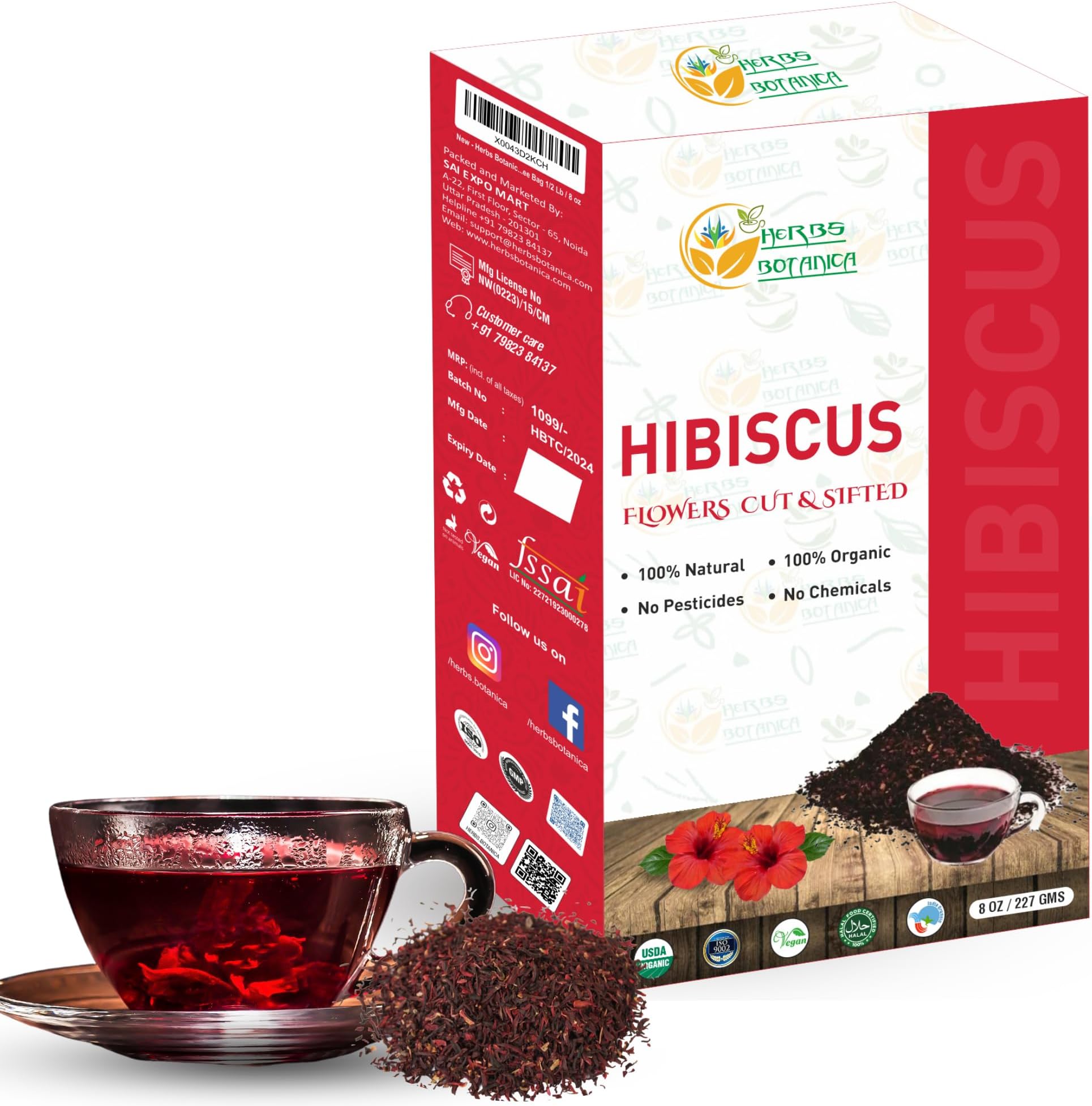 Herbs Botanica Organic Hibiscus Flowers Loose Cut And