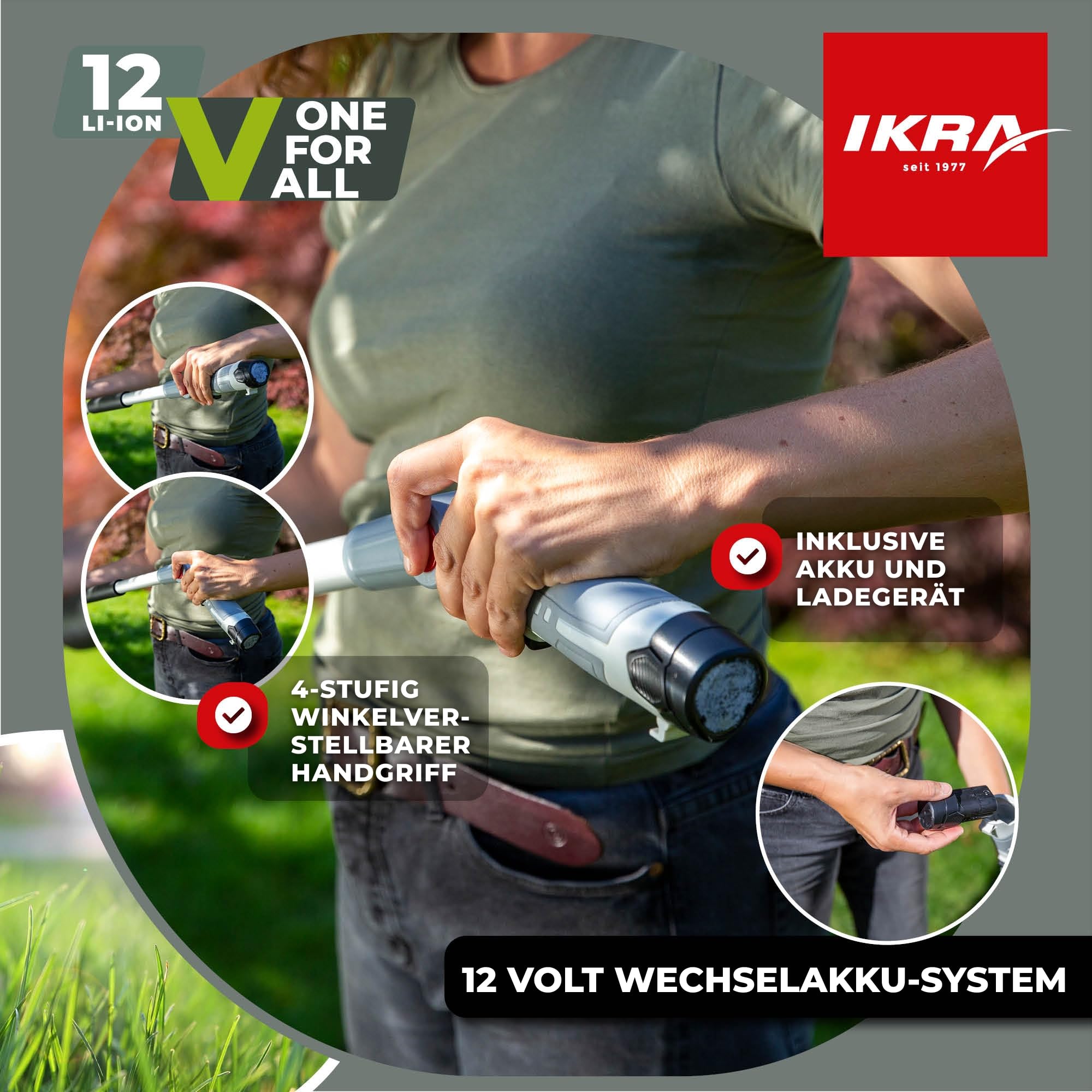 IKRA Teleskop Heckenschere IATHS 1241 inkl. Akku, Ladegerät & Brille | Teleskopierbar 1,80m - 2,35m, Schnittlänge 41cm, Schnittwinkelverstellung bis 135°, kompatibel mit 12V Akku-Familie von IKRA