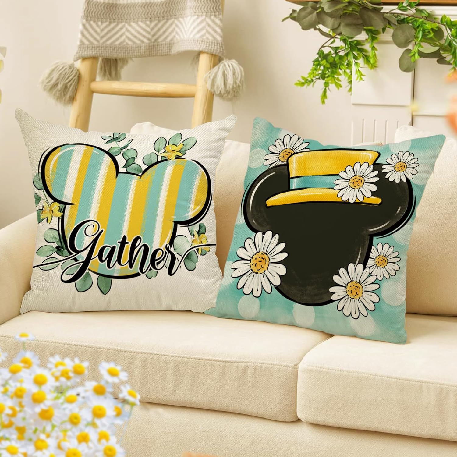 Spring Summer Decorative Throw Pillow Covers 18 x 18 Set of 4, Daisy Flower Eucalyptus Leaves Bloom Gather Cushion Case Decor, Teal Yellow Stripes Polka Dot Home Decoration