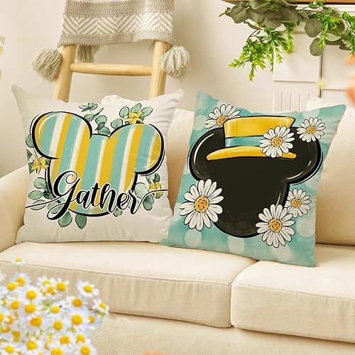 Miniatura 5 de Ussap Juego de 4 fundas de almohada decorativas de ratón de dibujos animados de primavera de 18 x 18 pulgadas, diseño de margarita, hojas de