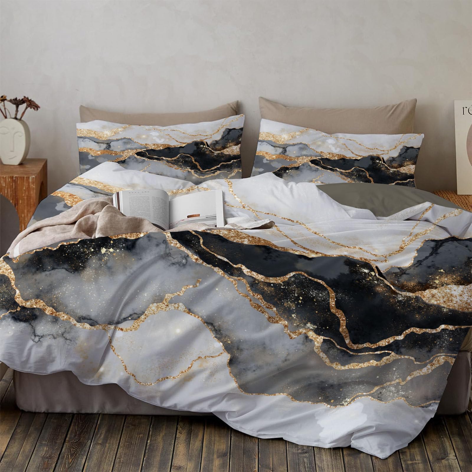Housse de couette 140x200cm avec taie d'oreiller motif marbre or gris