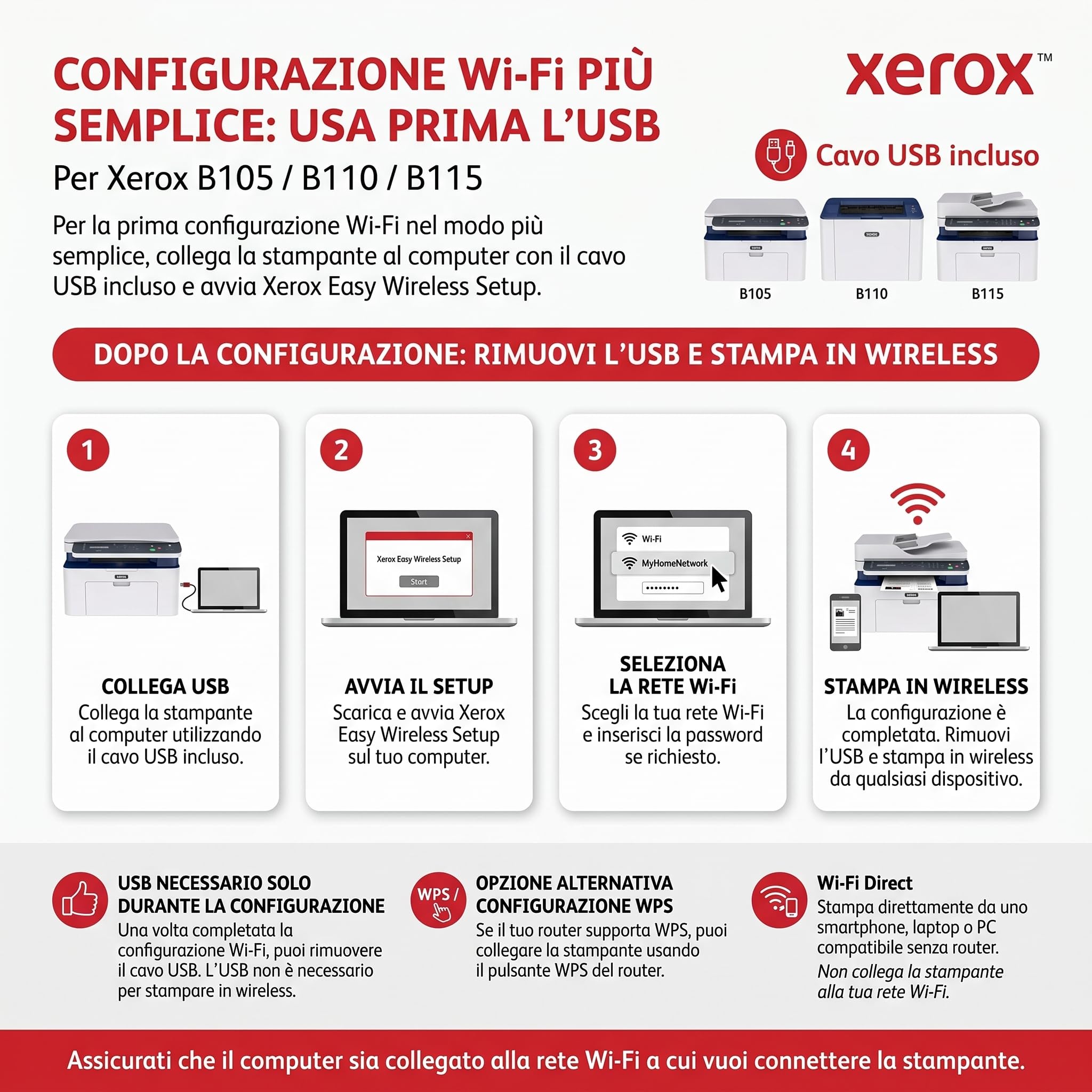 Xerox B105 Stampante Multifunzione Wireless – Laser monocromatica compatta All-in-One, stampa/scansione/copia, A4, ideale per scrivania in home office e piccoli team, compatibile mobili, Wi-Fi, EU