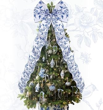 Daifunli Extra Large Blue Bow Tree Topper 20 x 47 Giant Chinoiserie Blue and White Floral Tree Topper Decor Coquette Wreath Bow Ornament for Room Door Holiday Birthday Wedding Party Supply Home Decor
