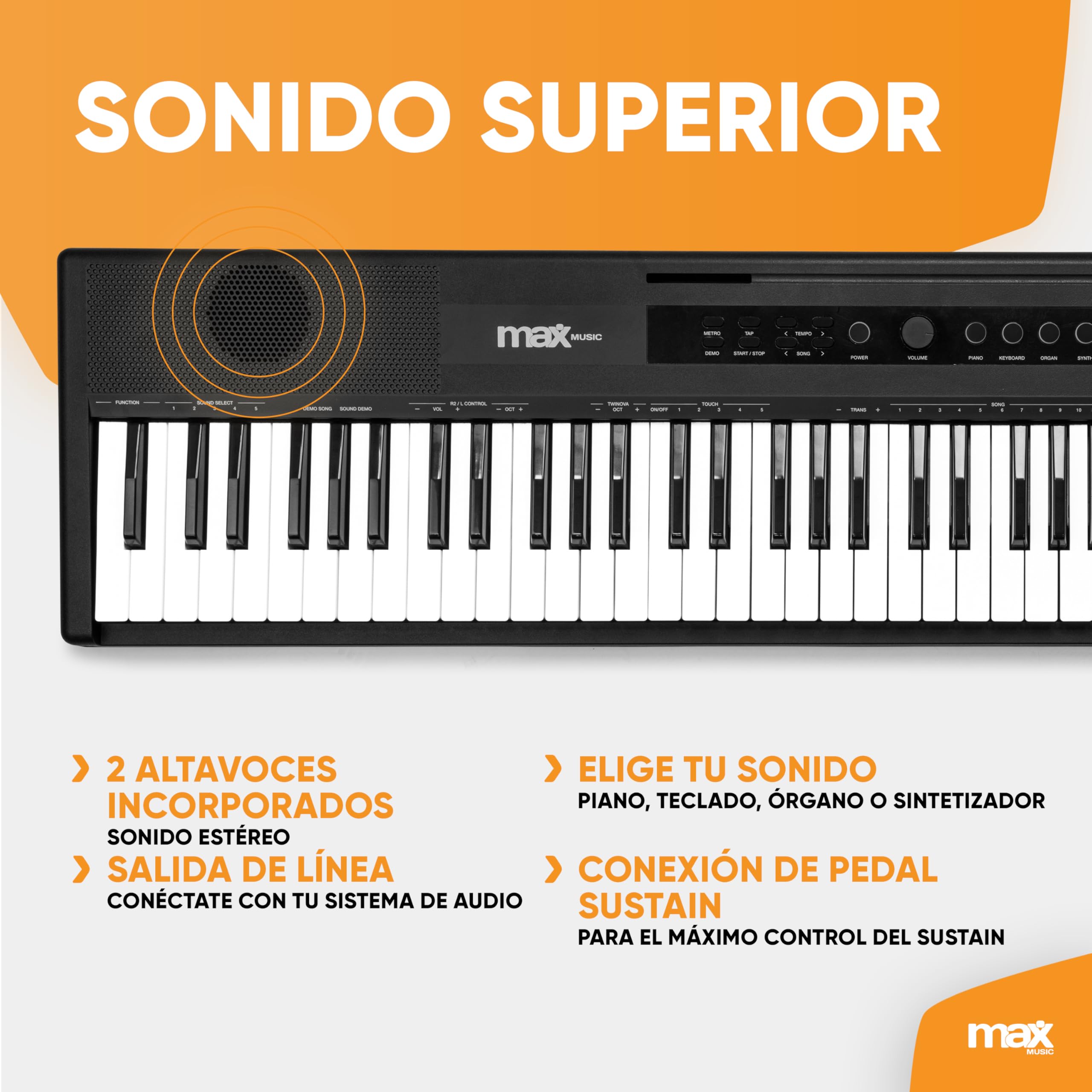 MAX Rhapsody DP88P, Piano teclado electrónico de 88 teclas sensibles al tacto, 10 timbres, 25 voces GM, 26 canciones demo, soporte de mueble, pedal de sustain, USB Midi y conexión sustain