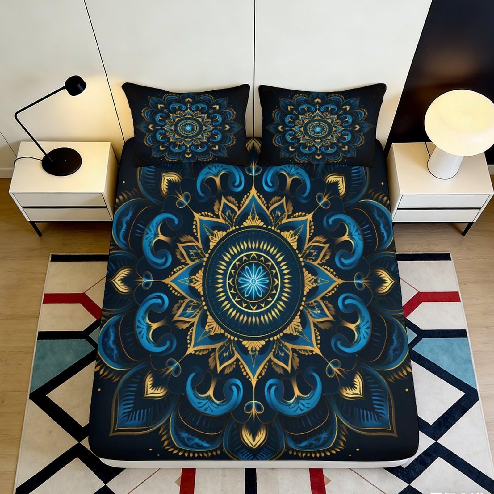 3D Printed Mandala Fitted Sheet, Blue Gold Pattern Microfiber Soft Touch, Bed Cover, Wrinkle Resistant, Guest Room Bedding, Easy Care, Home Decor, 115 chars 90x200x25cm
