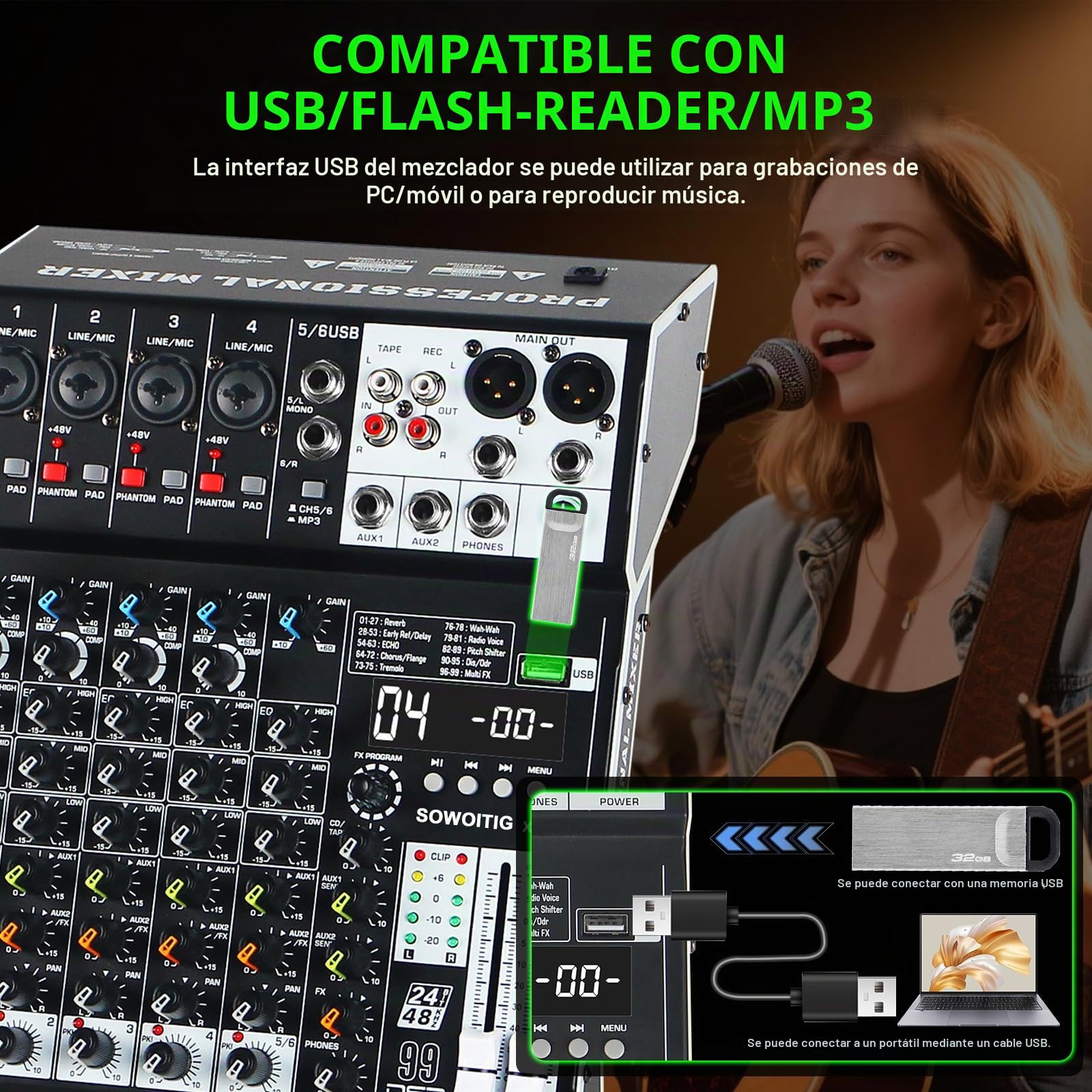 Consola mezcladora de audio de 6 canales con 99 efectos DSP, mezclador digital para DJ, mezclador profesional con USB, Bluetooth, alimentación fantasma de 48 V