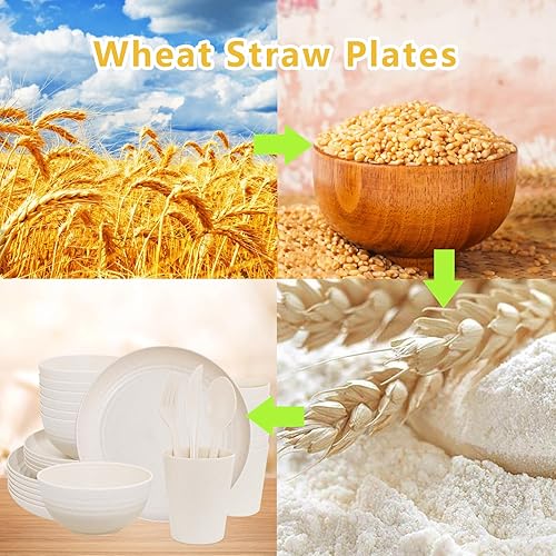 Miniatura 6 de EI - Juego de 6 platos de paja de trigo, 42 piezas, platos de cocina y cuencos, platos de plástico reutilizables, cubiertos de paja de trigo