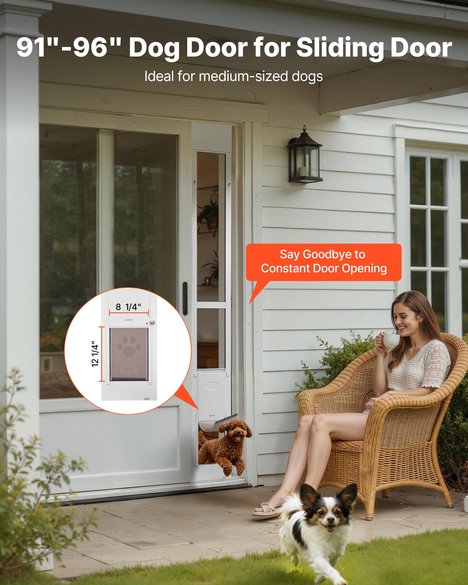 VEVOR Porta Scorrevole per Animali Domestici, Altezza Regolabile da 2311 a 2439 mm, Telaio in Lega di Alluminio con Cerniere Girevoli e Design con Serratura, Sportello per Cani M Bianco