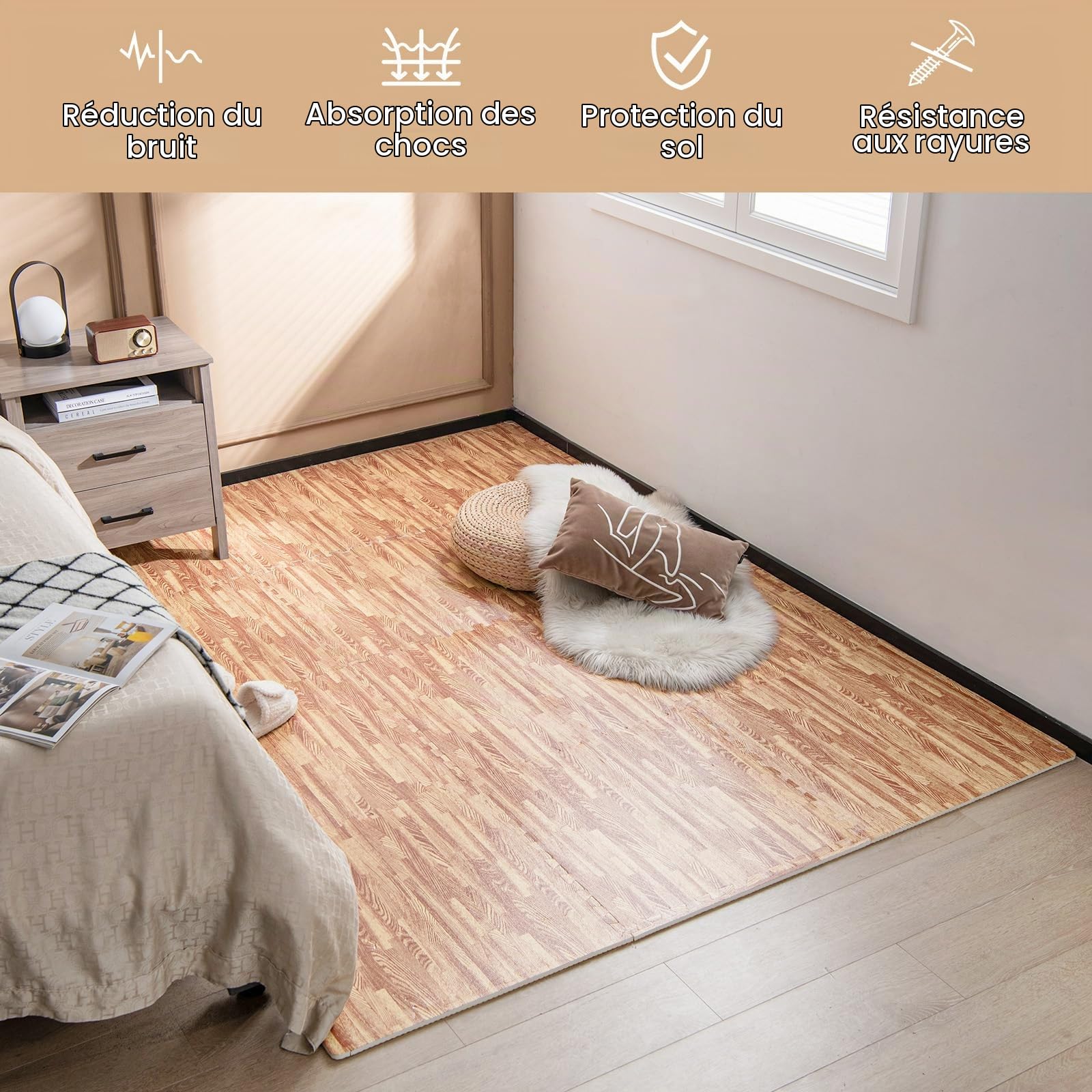 LIFEZEAL 12 Tapis de Gym en Caoutchouc EVA Effet Bois Antidérapant | Matelas Puzzle Fitness Résistant avec Absorption des Chocs, Nettoyage Facile, Protection du Sol pour Salle de Gym à Domicile