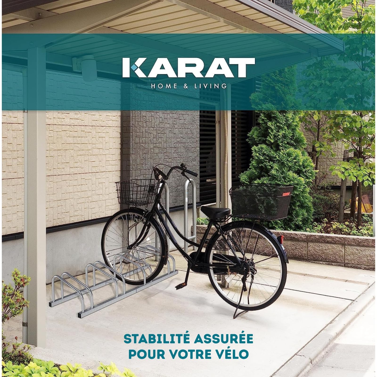 KARAT Rastrelliere per bicicletta in acciaio inox Linus per fino a 6 biciclette con pneumatici fino a 55 mm di larghezza, montaggio a terra o a parete, parcheggio per biciclette per esterni (argento