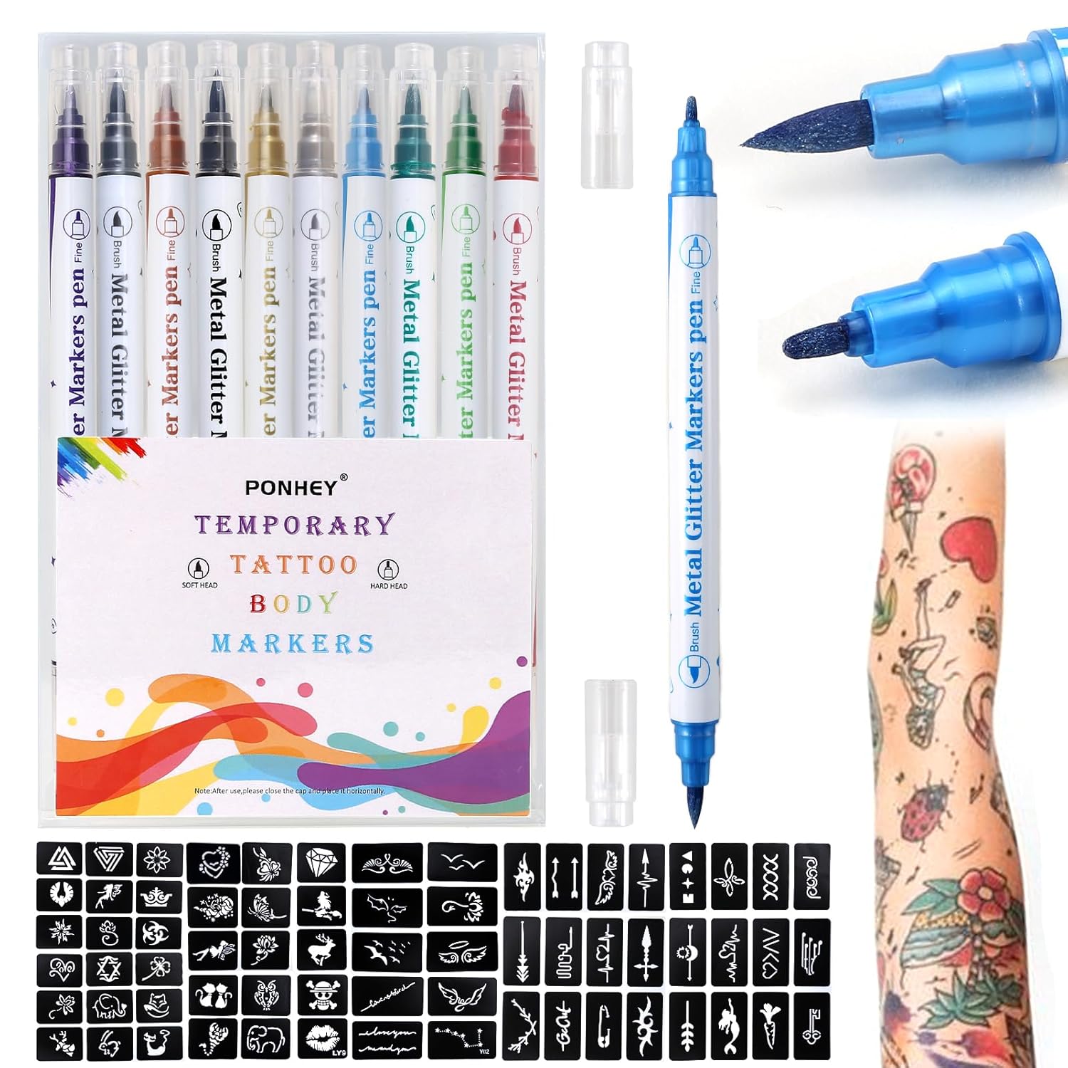 Ponhey Temporary Tattoo Markers, 10 Body Markers + 67 Large Tattoo Stencils for Kids and Adults, Skin-safe and Coloured Ink Double-ended Tattoo Pens Make Bold and Fine Lines for Body and Facial Art Ponhey Temporary Tattoo Markers, 10 Body Markers + 67 Large Tattoo Stencils for Kids and Adults, Skin-safe and Coloured Ink Double-ended Tattoo Pens Make Bold and Fine Lines for Body and Facial Art