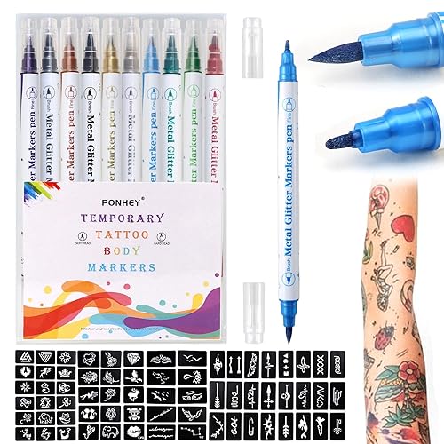 Ponhey Marcadores temporales de tatuaje, 10 marcadores corporales + 201 plantillas de tatuaje grandes para niños y adultos, tinta segura para la