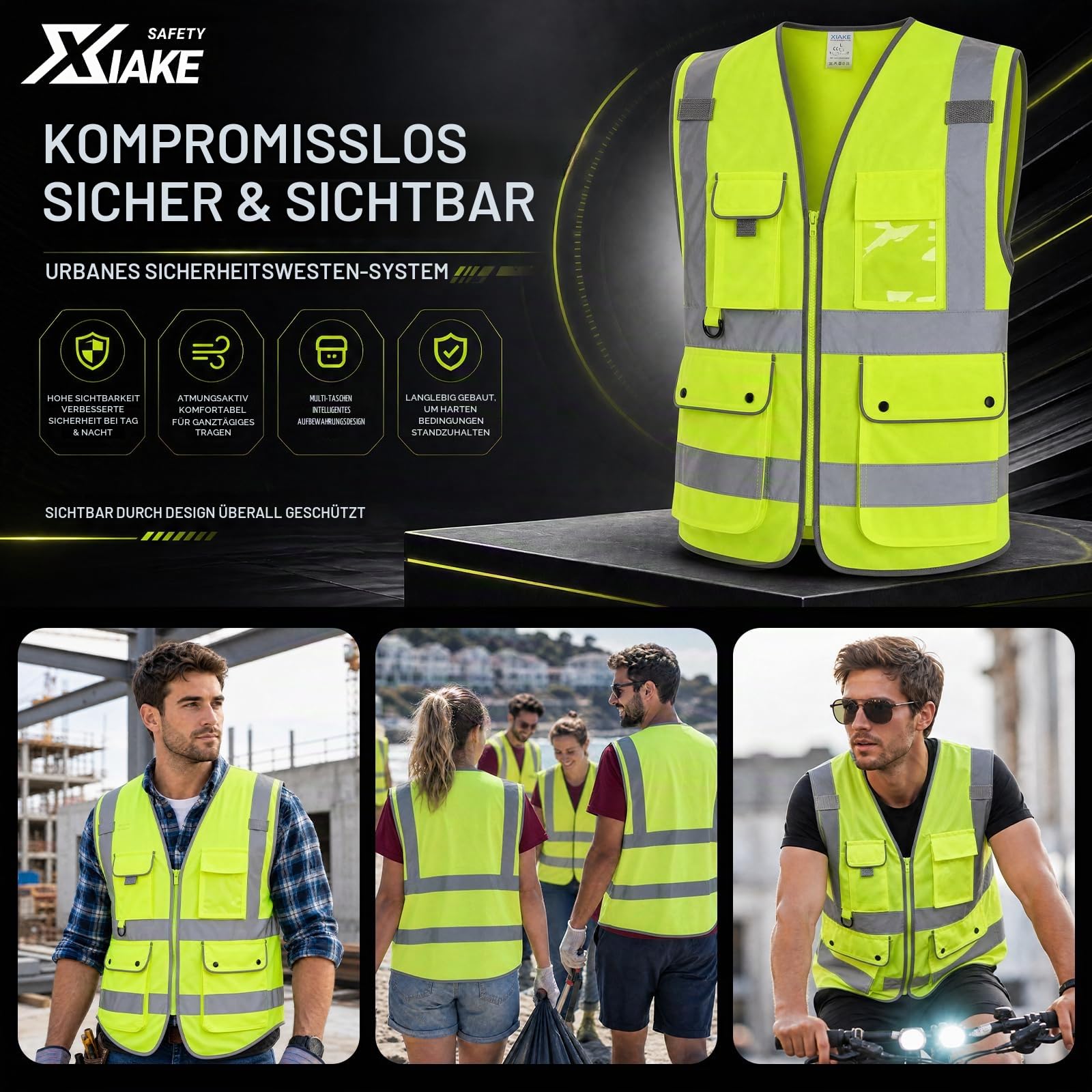 XIAKE RV120528 Reflektierende Sicherheitsweste mit hoher Sichtbarkeit mit 8 Taschen