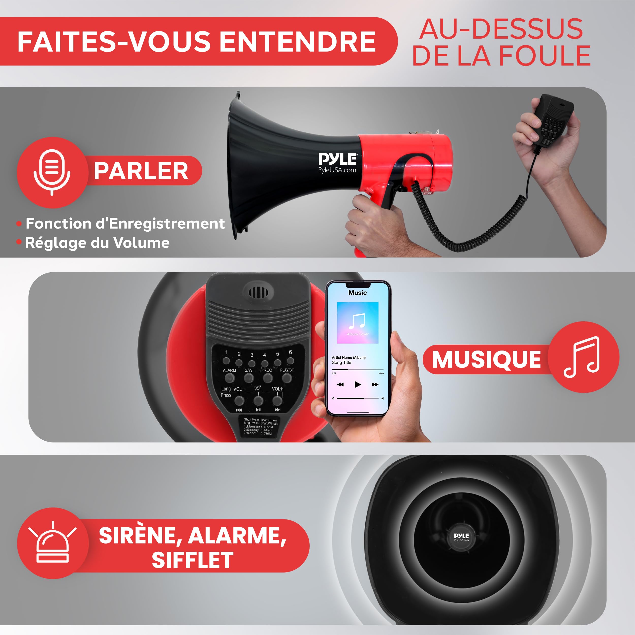 Pyle Mégaphone Bluetooth Portable 100W – Haut-Parleur PA avec Sirène, Portée 1500 m, Réglage Volume, Modulateur Vocal, pour Sport et Sécurité