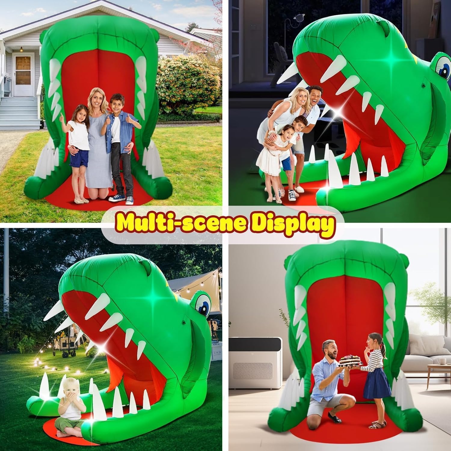 8FT Tall Halloween Inflatables Dinosaur Head with Open Mouth and Sharp Teeth, Blow Up Dinosaur Inflatables Built-in 4 Led Lights for Halloween Inflatable Outdoor Decoration and Dinosaur Party