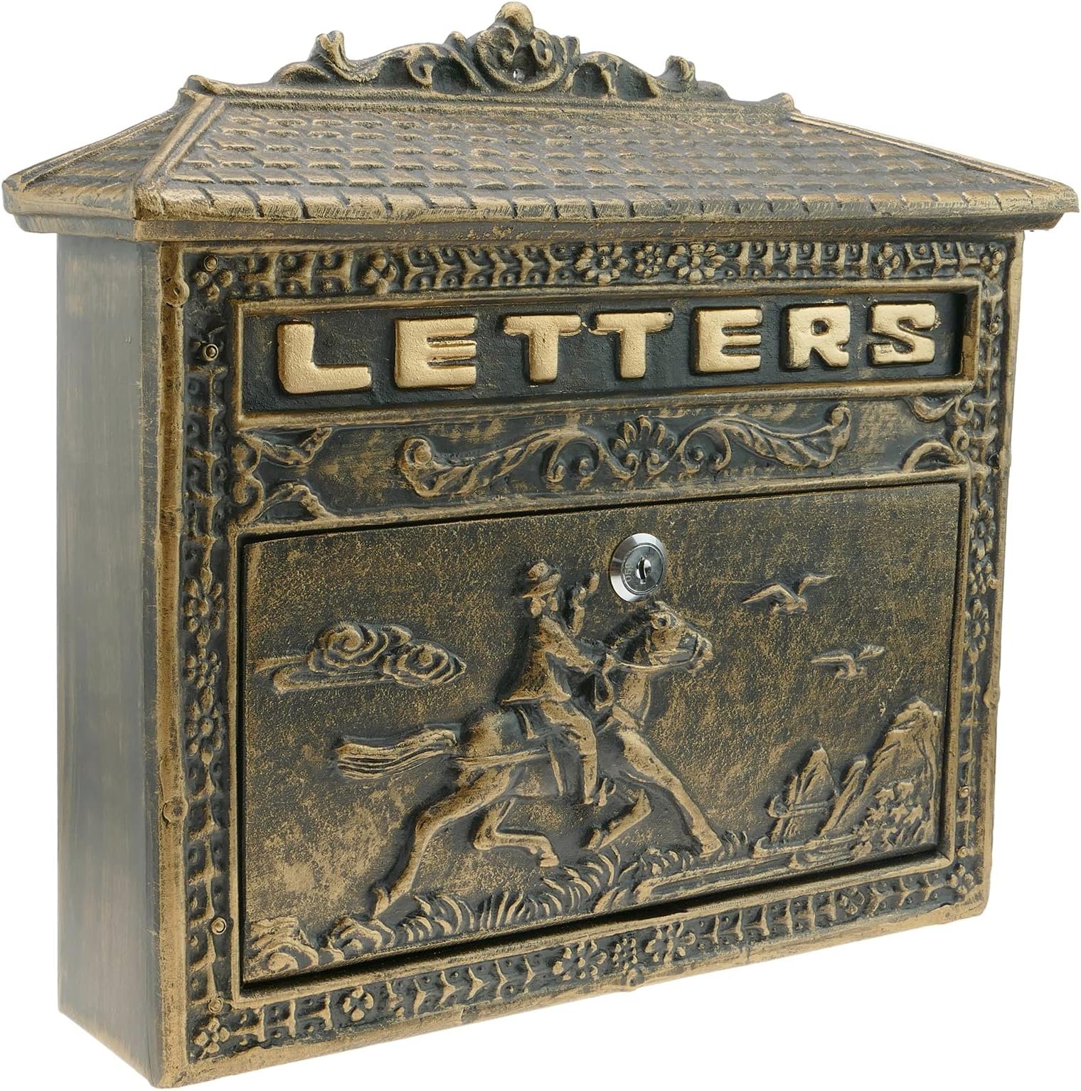 PrimeMatik - Vintage letter mail post box mailbox letterbox antique oxide color cast iron for wallmount horse