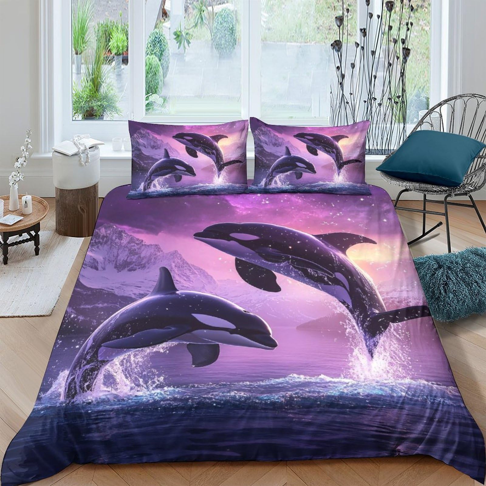 Ctjqhvkz Style-7 3D Printed Ocean Sunset Fitted Sheet Microfiber Soft Breathable Orca Wave Mattress Cover For Bedroom Guest Room Decor Single（135X200cm）