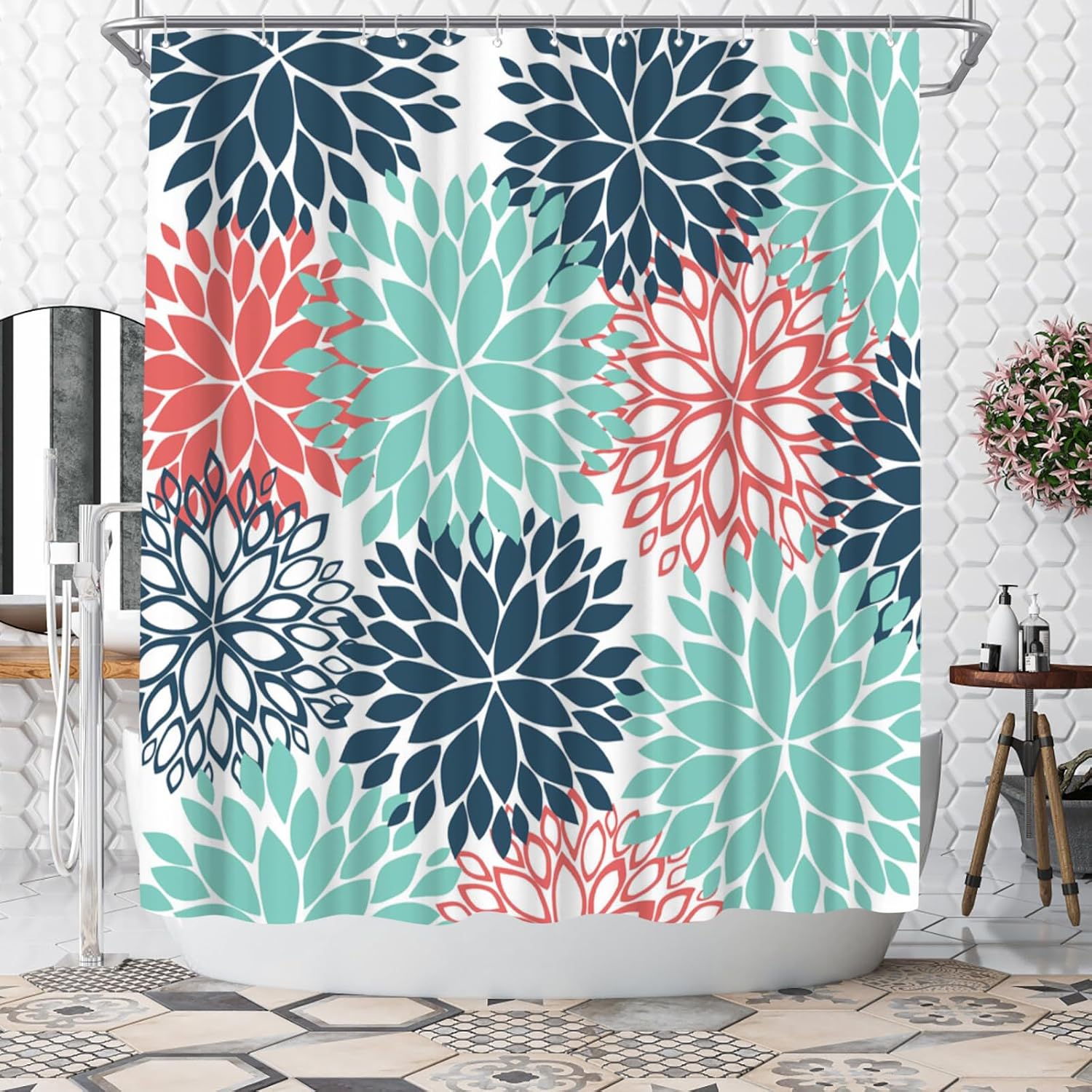 WELMECO Teal Shower Curtain Dahlia Shower Curtain Bathroom