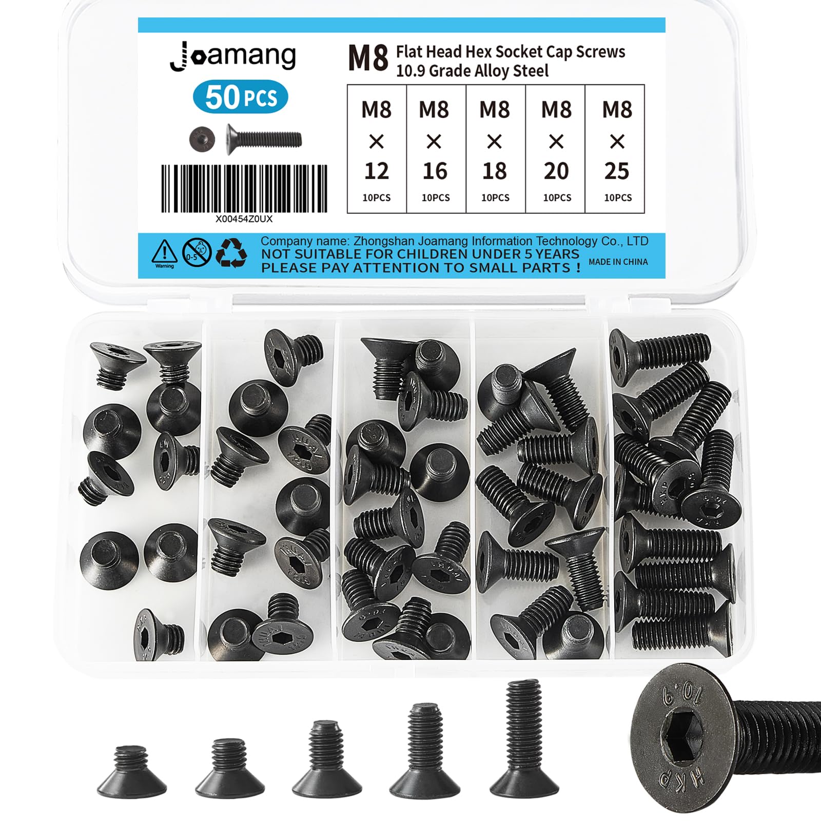 Joamang M8 x 12mm 16mm 18mm 20mm 25mm Flat Head Hex Socket Cap Screws Countersunk Bolts, 10.9 Grade Alloy Steel, Black Oxide Finish, Metric Allen