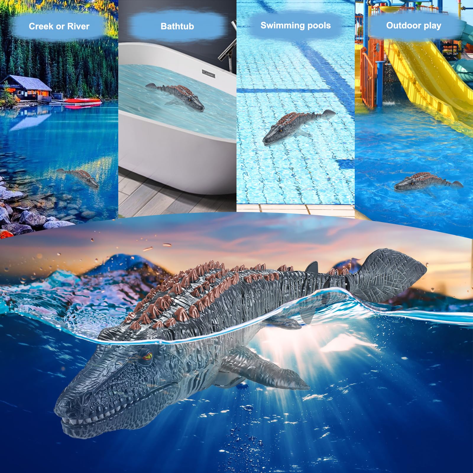 Barcos Mosasaurus de control remoto de 2.4 GHz con agua pulverizadora, doble hélice, juguete Mosasaurus, barco RC para piscina, lago, baño, juguetes de dinosaurio a control remoto para niños
