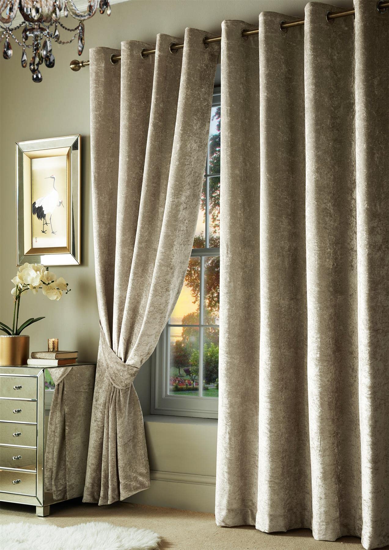 Roseley Crushed Velvet Curtains Eyelet Ring Top Fully Lined For Living Room Kitchen Bedroom 2 Panels Tiebacks Included (Mink Beige, 46 x 72'')