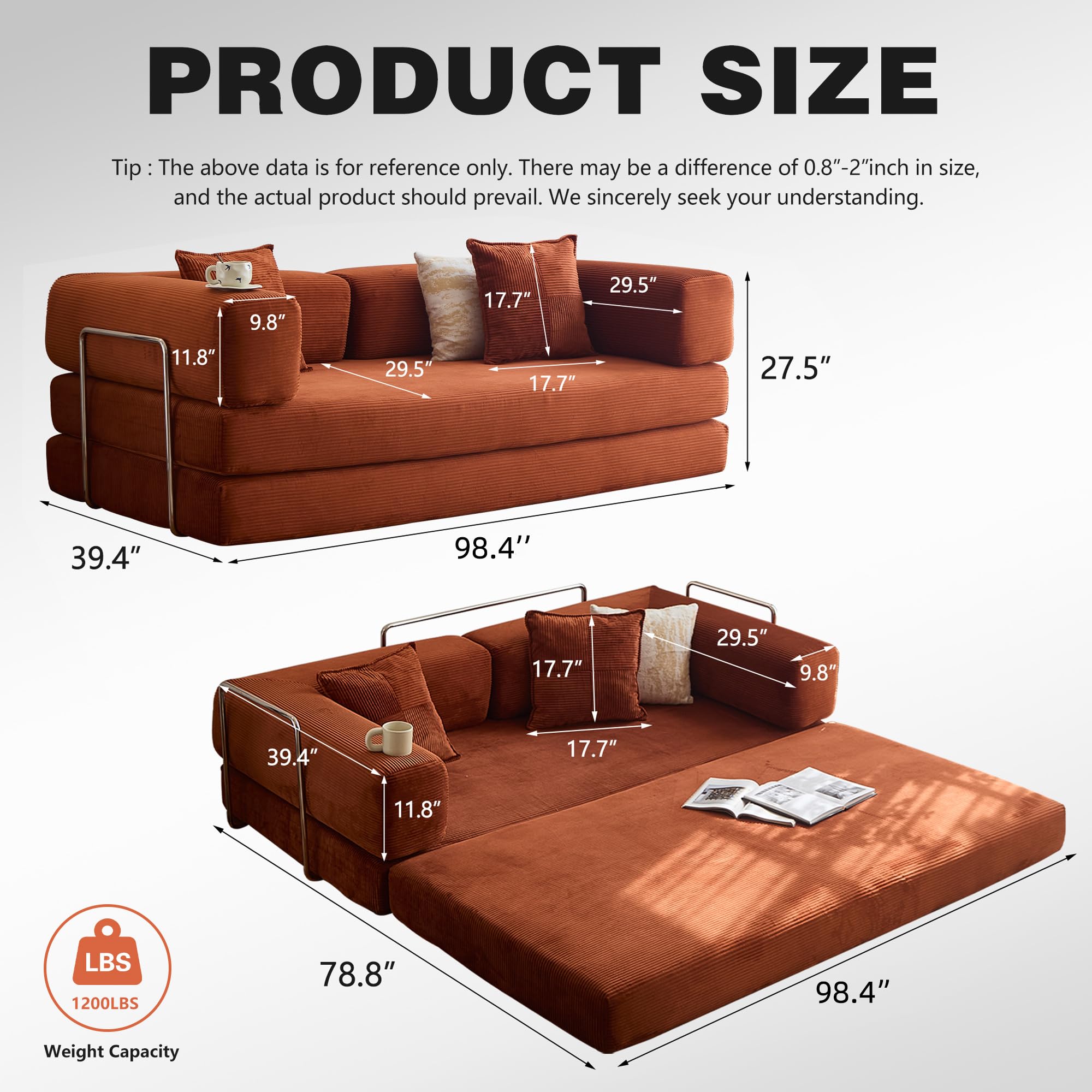78.8" Convertible Sofa Bed - Compression Sofa with Corduroy Fabric - with Armrests and Backrest - Modular Sectional for Living Room, Bedroom, Studio - Compression Sofa in Box (Grey): 98.4IN Orange