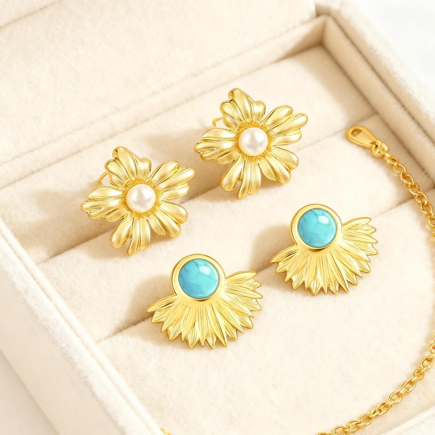 2 Pairs Womens Gold Chunky Earrings,14K Gold Plated Stud Earring Stainless Steel Large Flower Shell Butterfly Bow Earrings Statement Ear Rings - Image 4