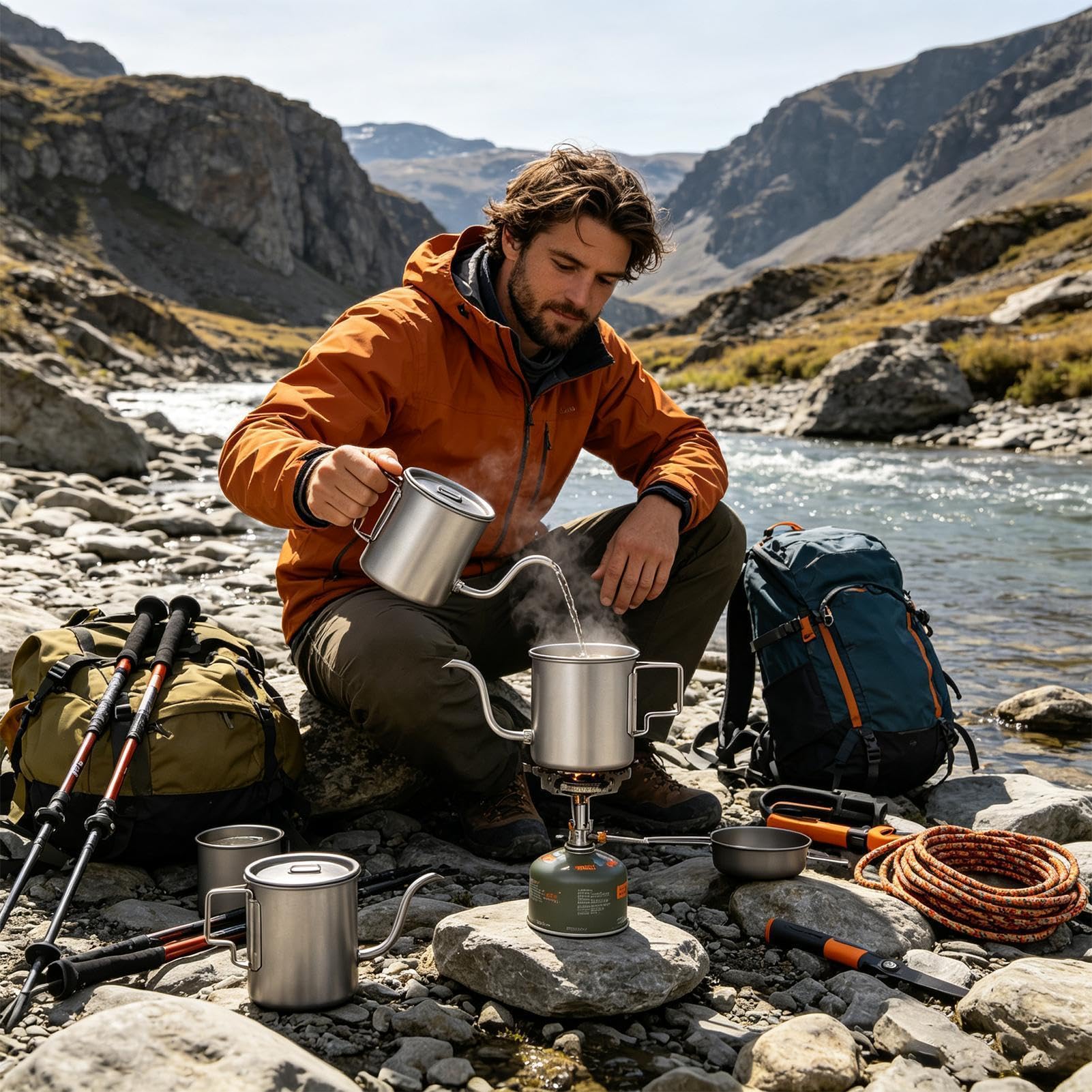 Gourde en titane - Bouilloire de camping de 420 ml | Poignée pliable