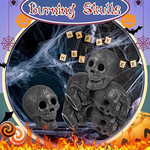 Miniatura 5 de Libima 6 piezas de troncos de cerámica ignífugos para Halloween, calaveras de cerámica negra para hoguera, chimenea, calavera ignífuga para hoguera,