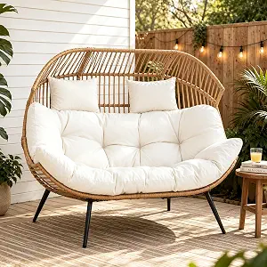Vongrasig Wicker Double Egg Chair PE Rattan with Padded Cushion, 2-Person Oversized Patio Lounge Loveseat, Beige