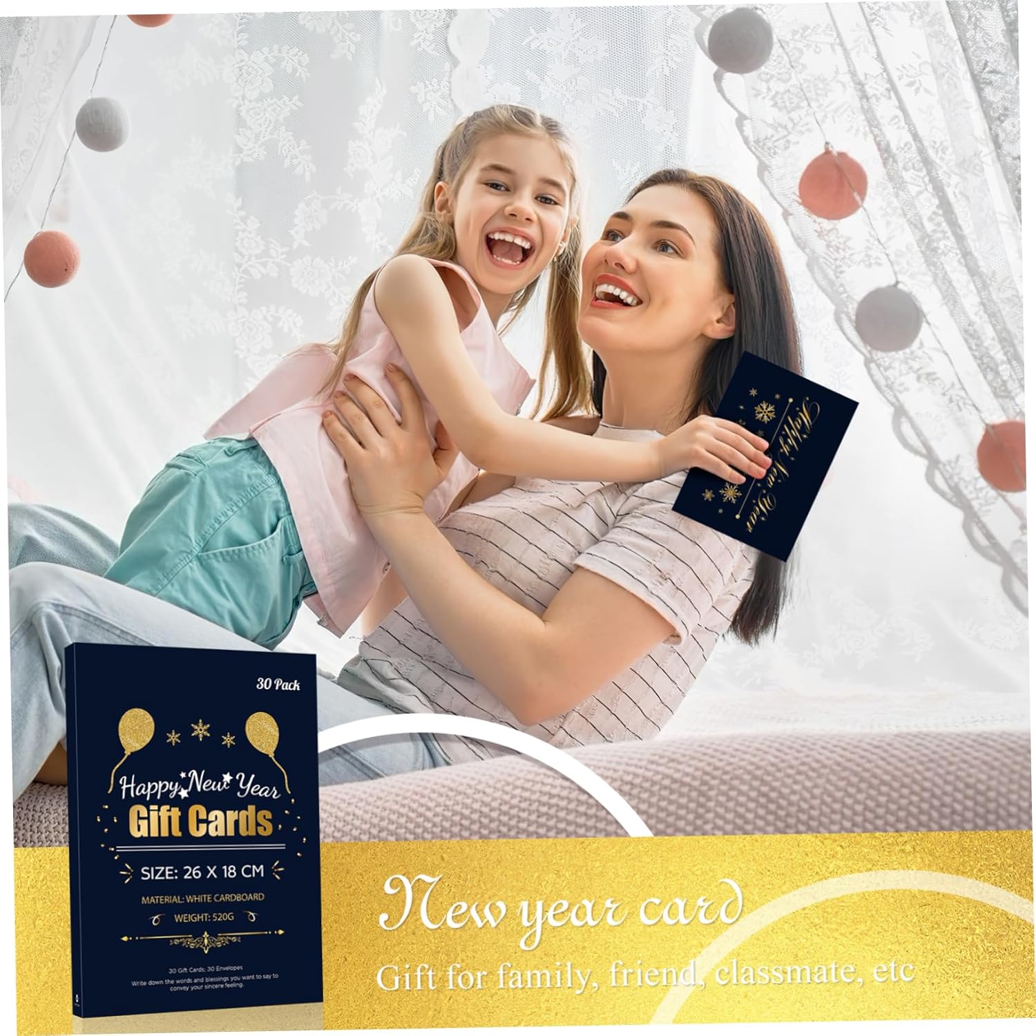 Happy New Year Card: 2022 30 Pack Golded Holiday Greeting Fold Cards Set with Envelopes for Christmas and New Year Presents 5 inch x 7 inch