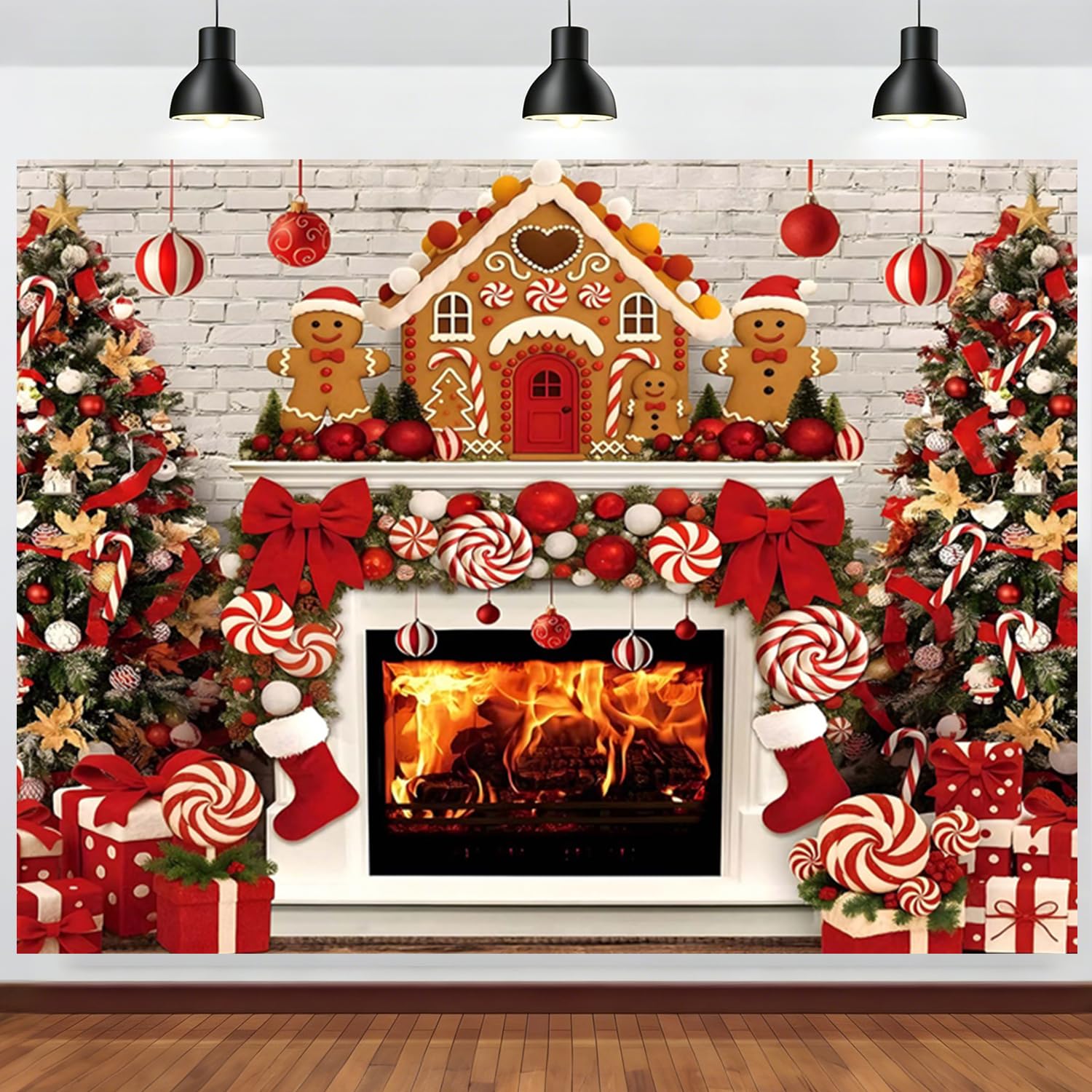 Świąteczne tło fotograficzne 3 x 2,5 m, biała cegła kominek trzcina cukrowa dom piernik Xmas skarpety zimowe fotografia tło Boże Narodzenie rodzina impreza dekoracja banery rekwizyty