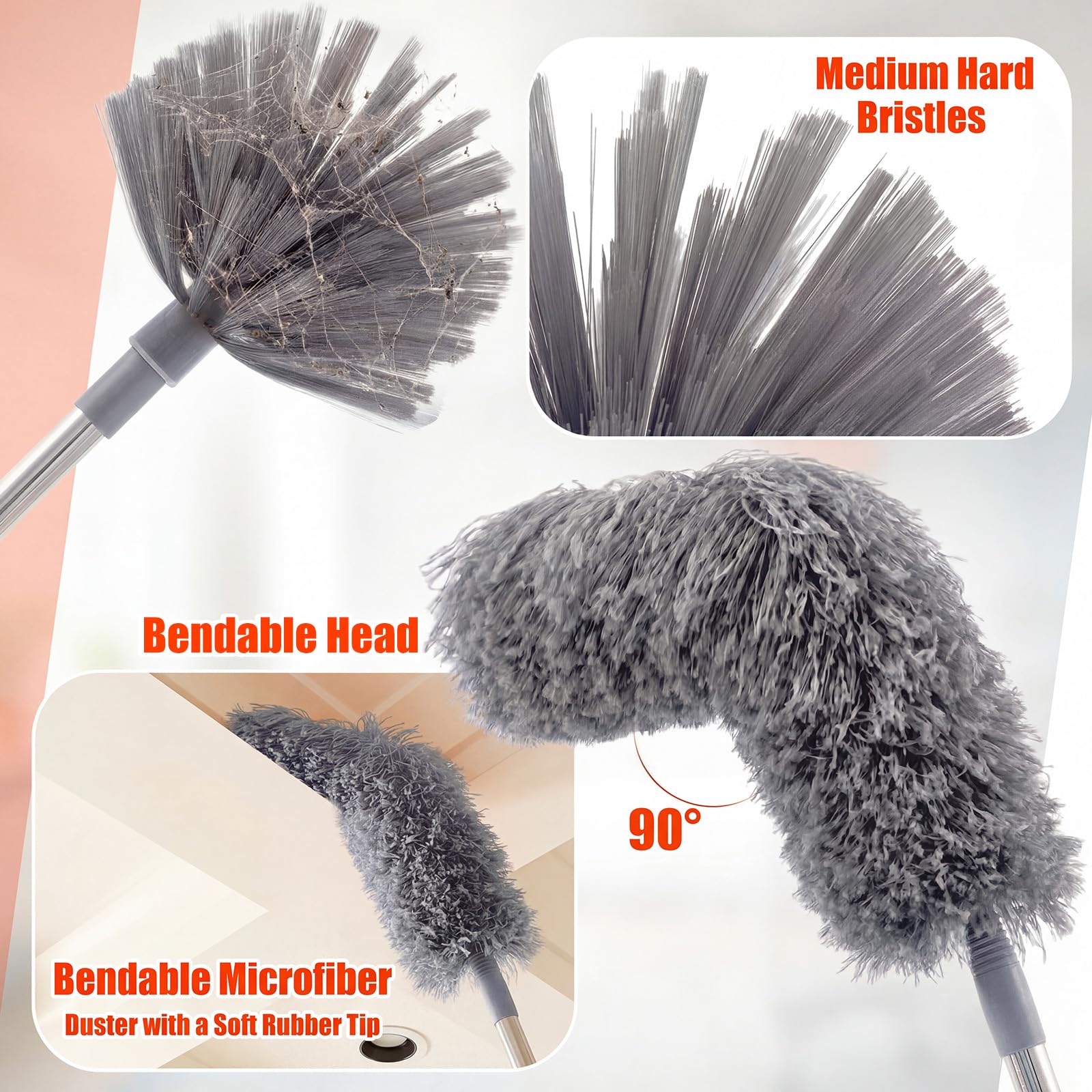 Staubwedel-Set mit hoher Reichweite, 90 cm, Verlängerungsstange, hohe Deckenstaub- und Fensterreinigungsset mit Fensterwascher und Rakel, Spinnennetz-Staubwedel, waschbarer Kopf für