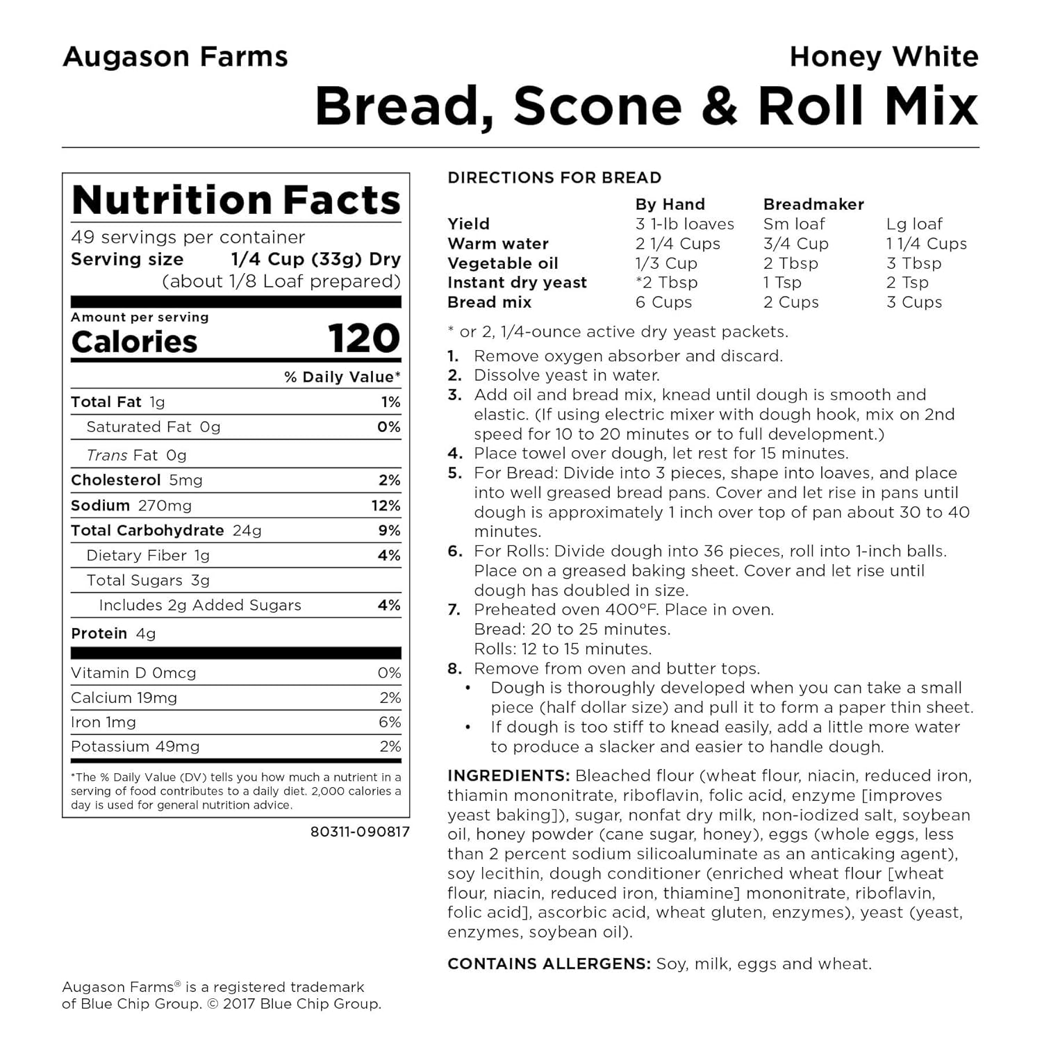Augason Farms Honey White Bread Scone & Roll Mix 3 lbs 10 oz No. 10 Can 3-pack (no. 10 can)