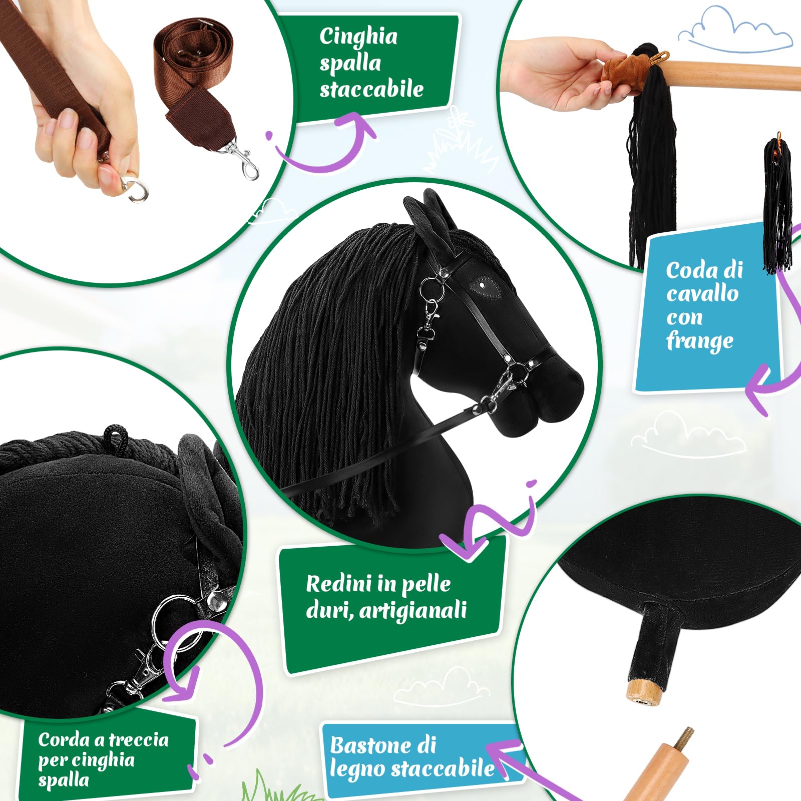 Charmofun Hobby Horse, Cavallo con Bastone per Bambini con Testa A3, Morbido Halter in Peluche, Coda Fluente e Cinghia Regolabile, Ideale per Gioco e Regalo (Nero)