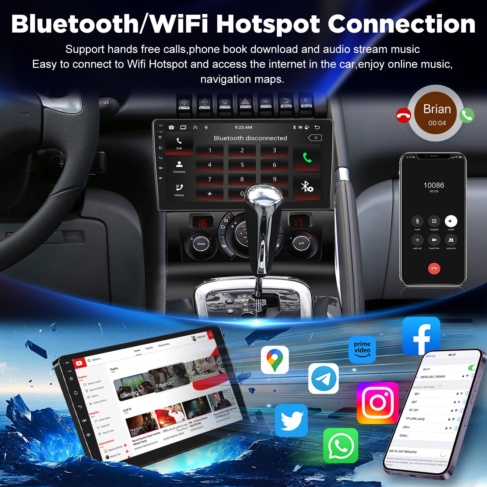 Autoradio pour Peugeot 3008 2009-2015, [2G+64G] Android 9 Pouces Touch Screen Radio with Wireless Carplay and Android Auto/Bluetooth/WiFi/Bluetooth/EQ/FM RDS Radio
