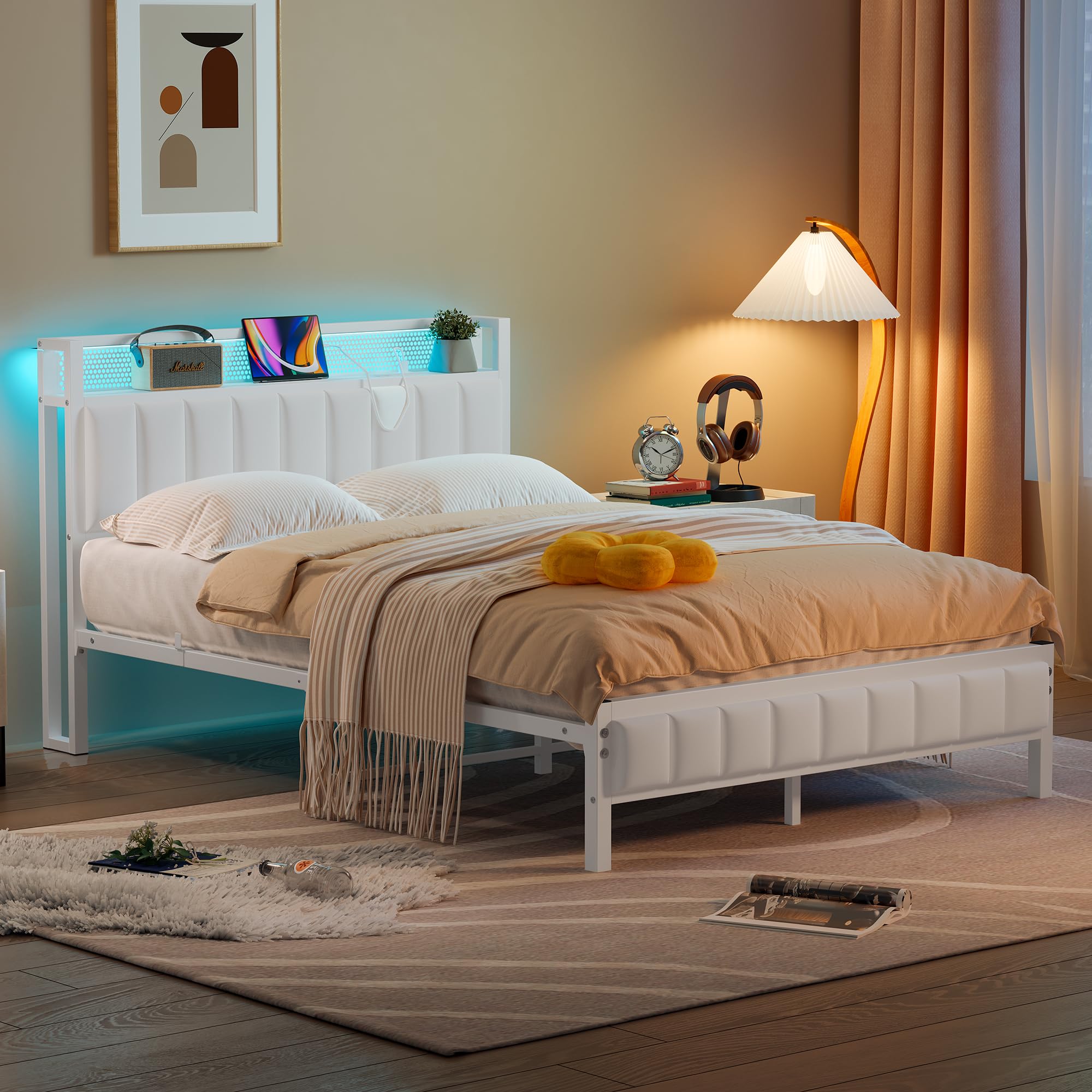 BORPHOM Double Bed Frame with Storage Upholstered Headboard,LED Lights,4ft6 Heavy Duty Metal Bed Frame Double Beds with Charging Station,No Box Spring Needed,Strong Steel Slats Support,White Velvet