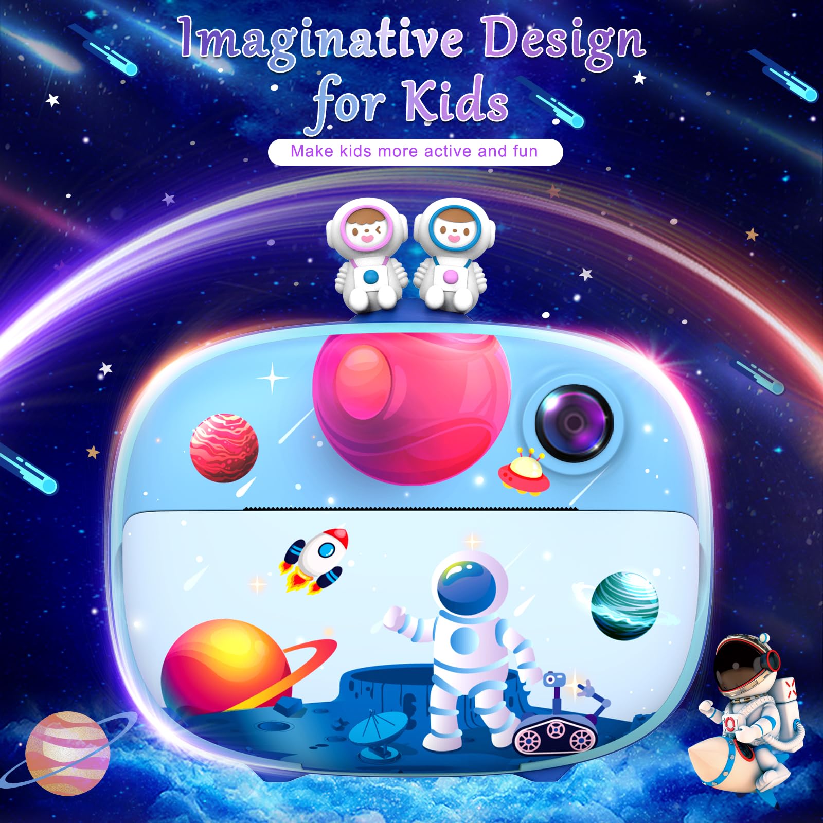 CHAKEYAKE Macchina Fotografica Bambini Istantanea,2,4 Pollici Digitale Fotocamera Bambini con 32GB TF Scheda e Carta Fotografica per Stampa, Regalo per Bambini dai 3-12 Anni (Pianeta Blu)