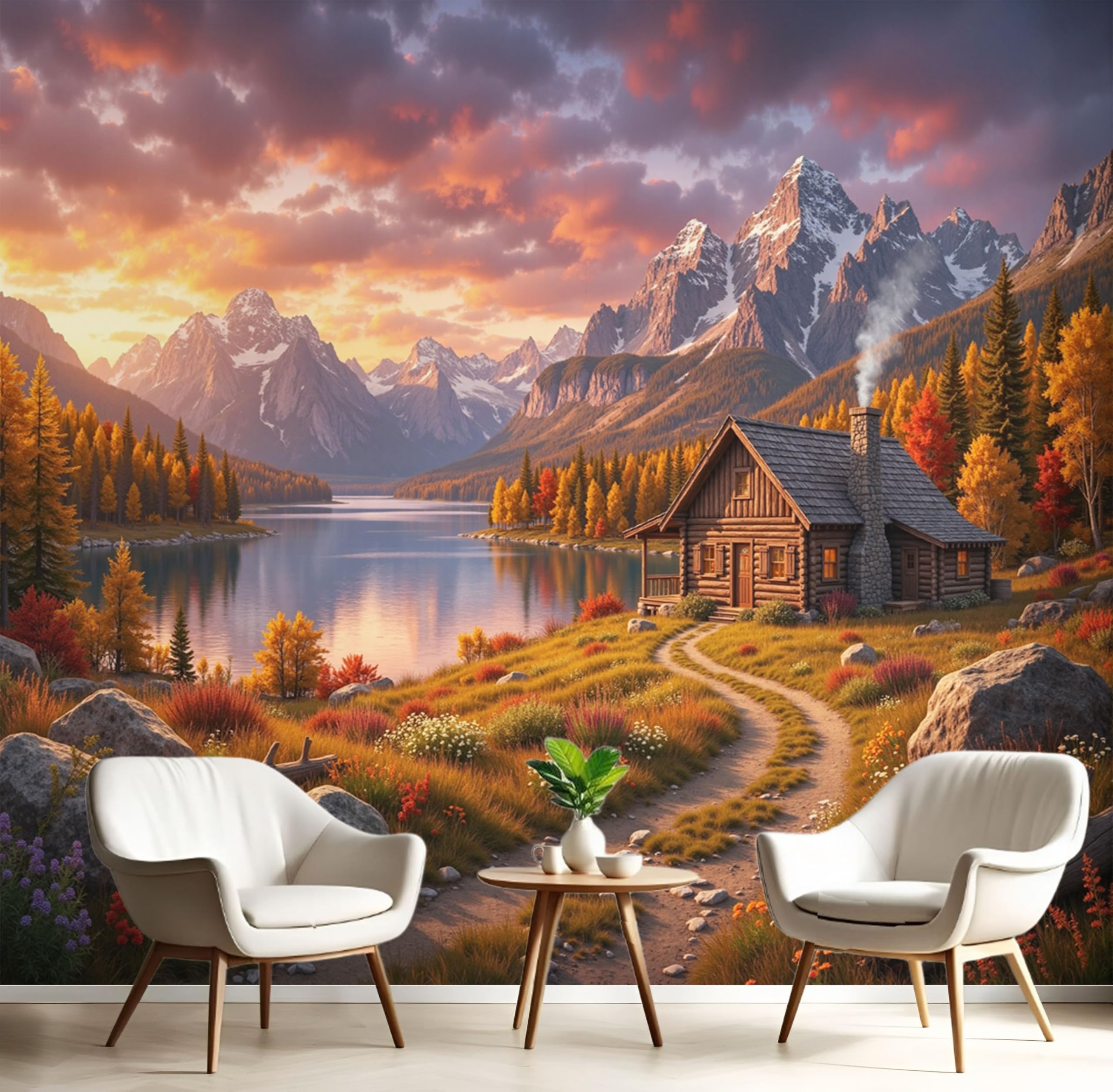 Papier peint panoramique montagnes orange 200x140cm pour salon