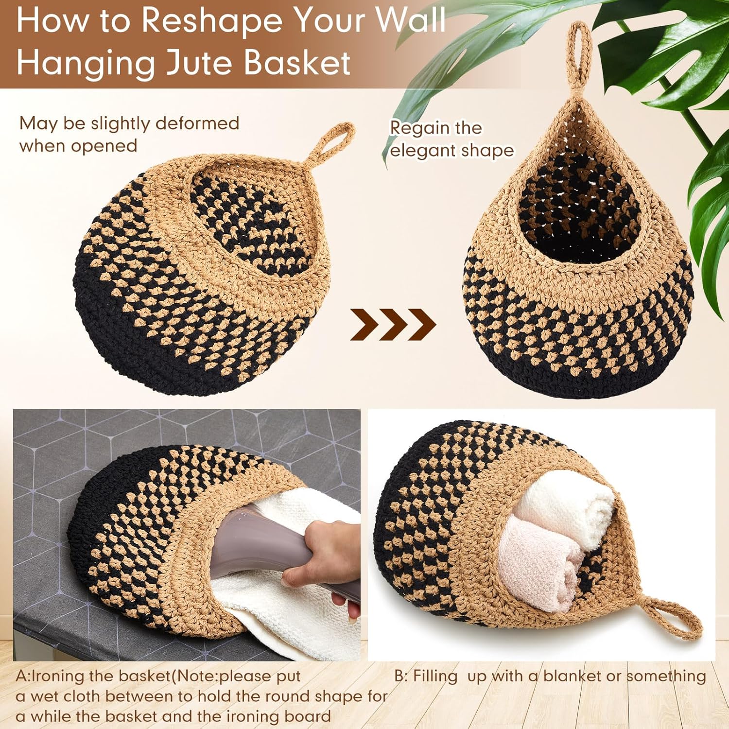 Honeydak Boho Decor Hanging Wall Baskets for Kitchen 3 Pack Teardrop Baskets with Hooks Storage Fruit Onion Vegetable Potato for Home 3 Sizes(Linen with Black,Teardrop,Cotton Rope)