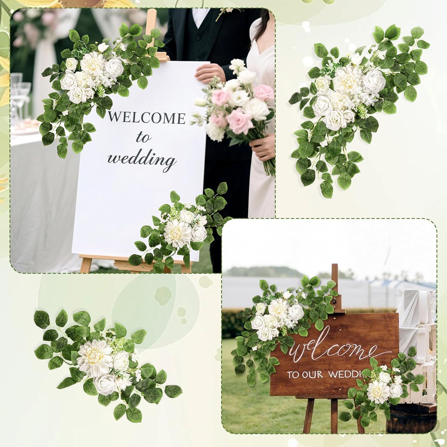 2PCS Wedding Arch Artificial Flowers, 27.5, 19.6 Inch Weddings Flowers Decorations Artificial Weddings Arch Floral Swag Welcome Signs for Bridal Shower, Baby Shower, Photo Backdrop(White)