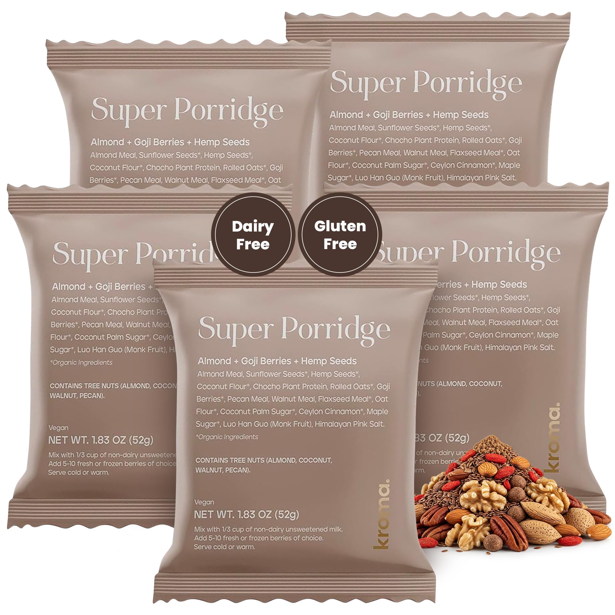 Kroma Super Porridge, Gluten Free, 5 Servings, Chocho Plant Protein, Vegan Superfood Breakfast Cereal with Hemp Seeds, Cinnamon, Oats, Coconut, Healthy Fiber, and Other Organic Ingredients, 5 Packets