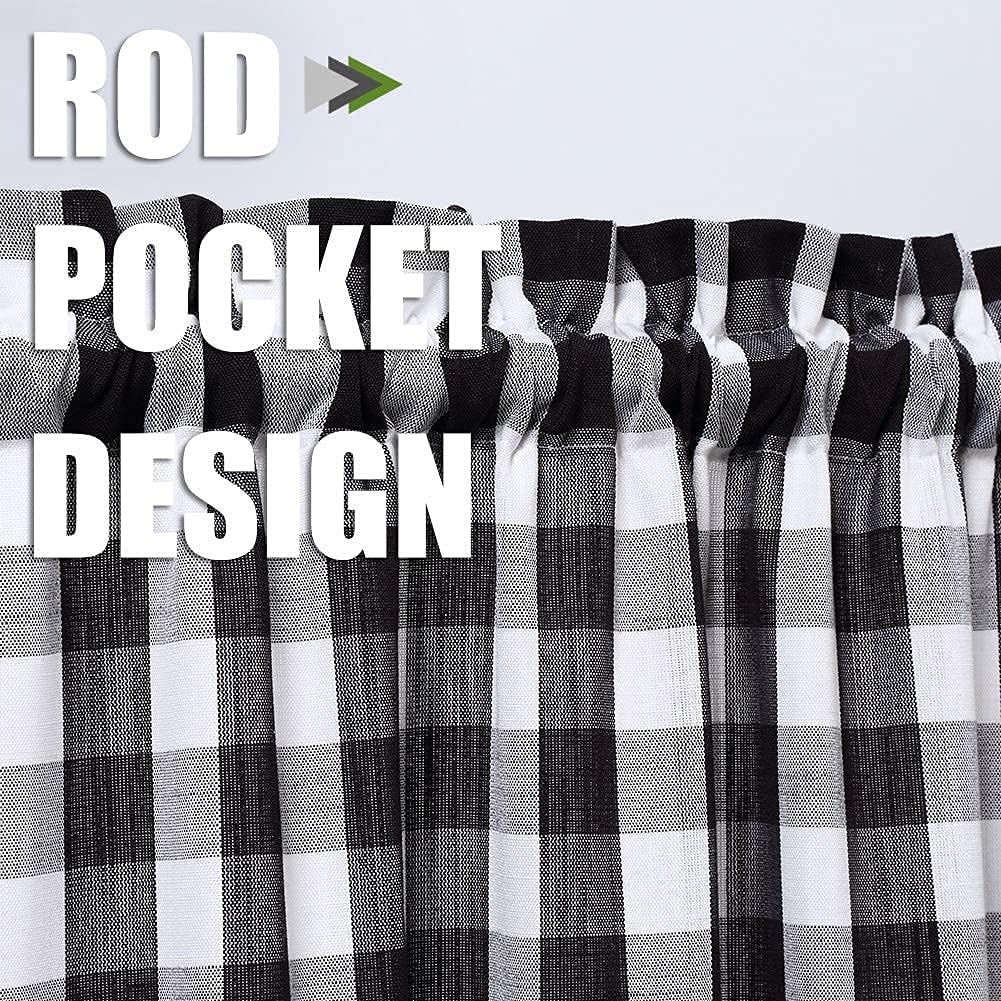 Black and White Buffalo Check Kitchen Curtain Valances and Tiers Set for Windows, Plaid Gingham Farmhouse Valance Tiers Set for Bathroom Rod Pocket Cafe Curtains, Black/White