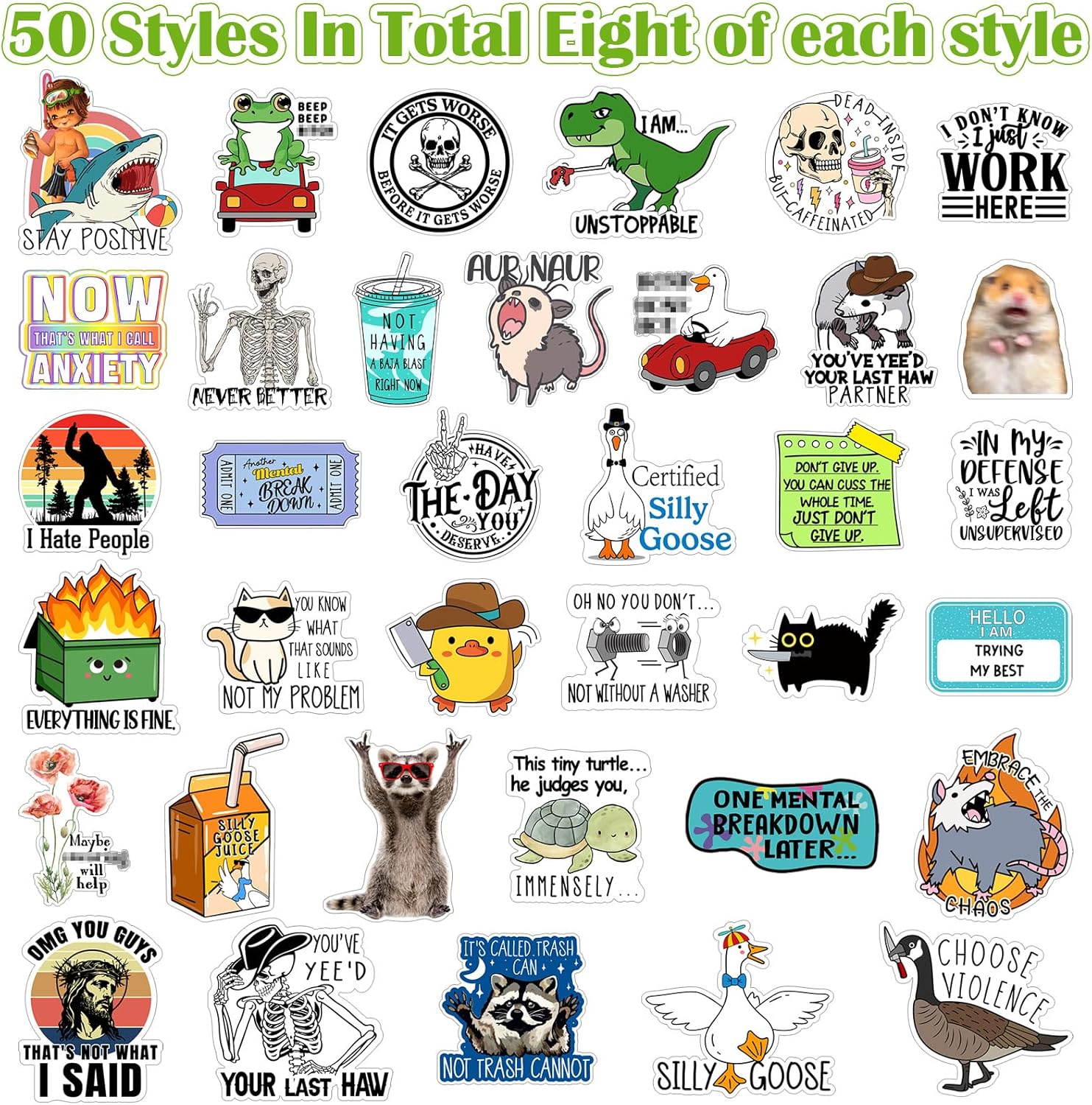 Set of 400 Pcs Funny Stickers for Adults Waterproof Funny Meme Stickers Pack for Laptop, Water Bottles, Bumper, Phone, Hard Hats, Wall, Window Decals Decors, 50 Styles(Funny Style)