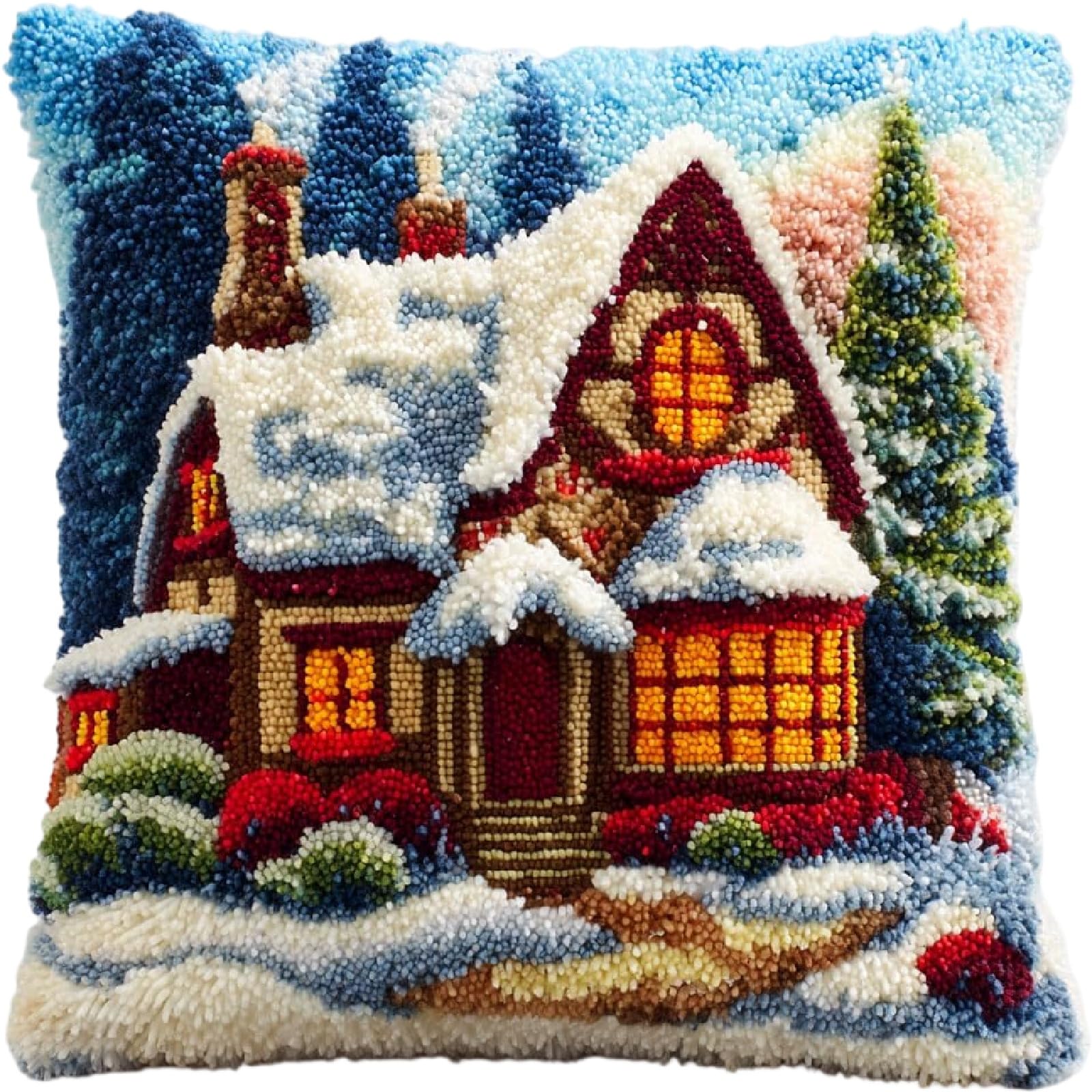 ZUHK Latch Hook Cushion Kits,DIY Throw Pillow Cover Sofa Cushion Cover Rug Shaggy Decorations fit for Home Sofa and Bedroom Decoration,43x43cm (Snow House)