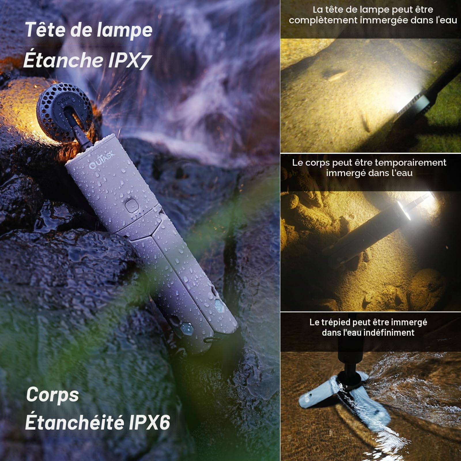 Outask Lampe de camping télescopique, lanterne magnétique pliable avec batterie de 12 000 mAh, lampes de poche télescopiques étanches IPX6/IPX7, lampe de camping pour urgence, camping, randonnée (gris